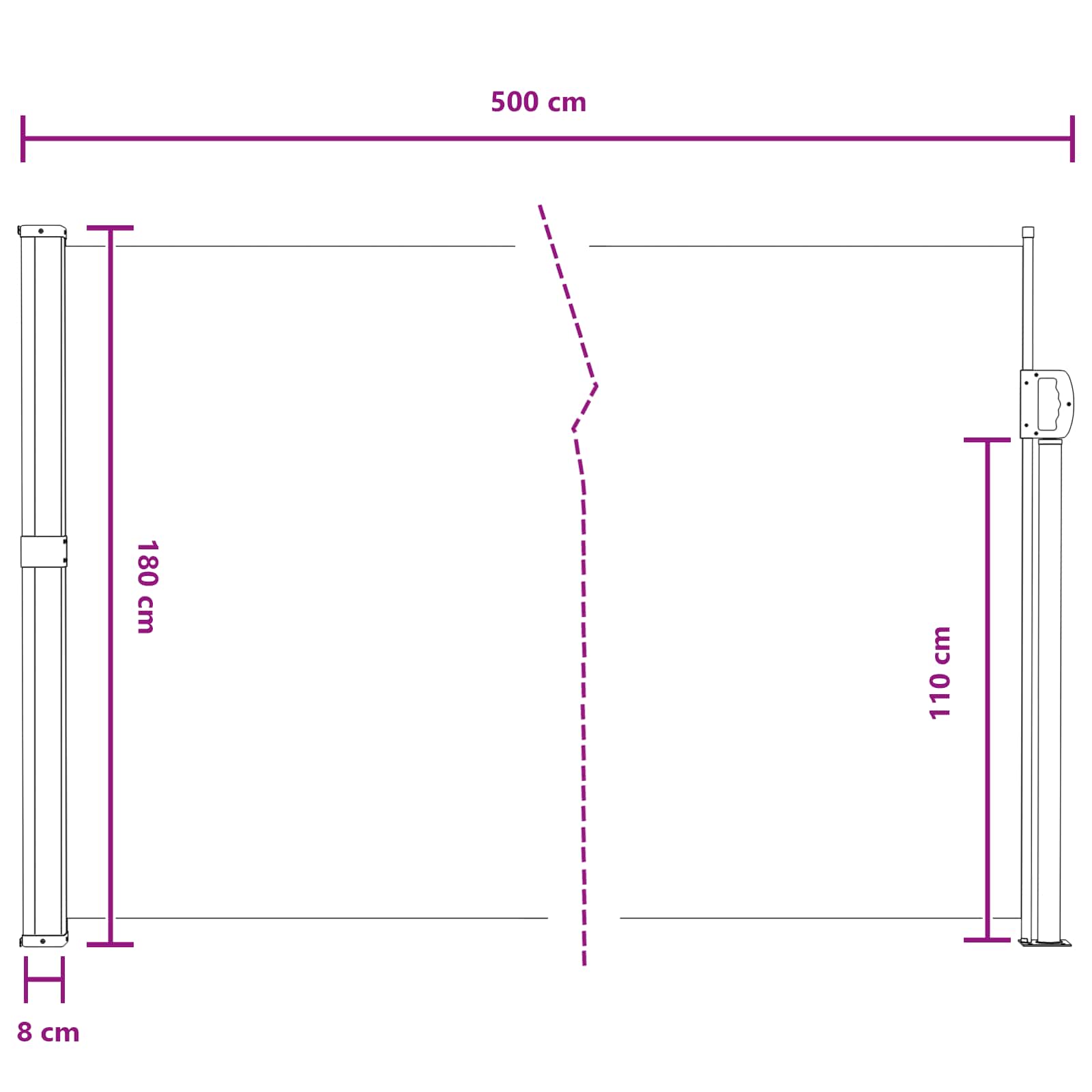 vidaXL Rozkładany boczny markiz Szary 500 x 180 cm Poliester