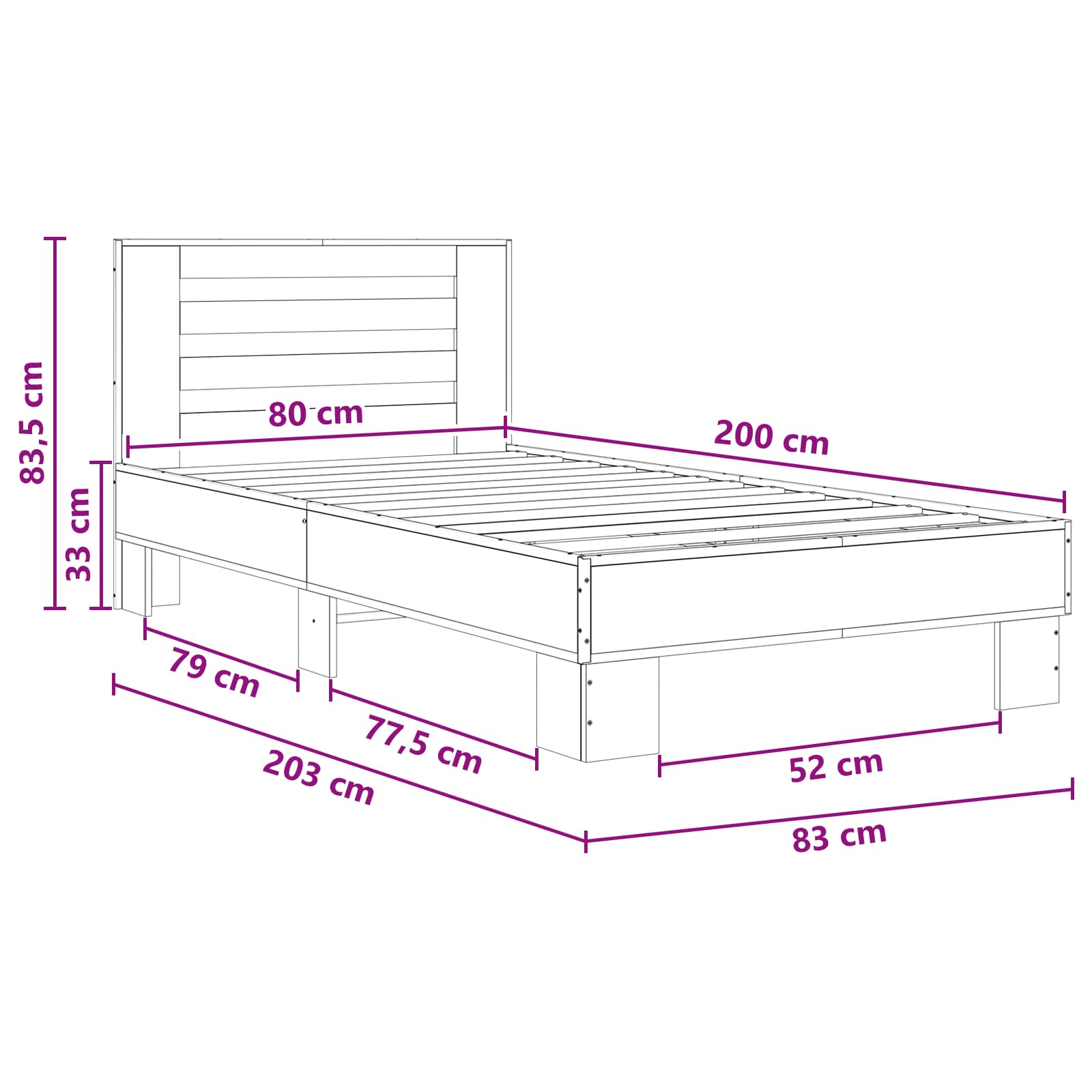 vidaXL Rama łóżka z wezgłowiem Czarny dąb 80 x 200 cm