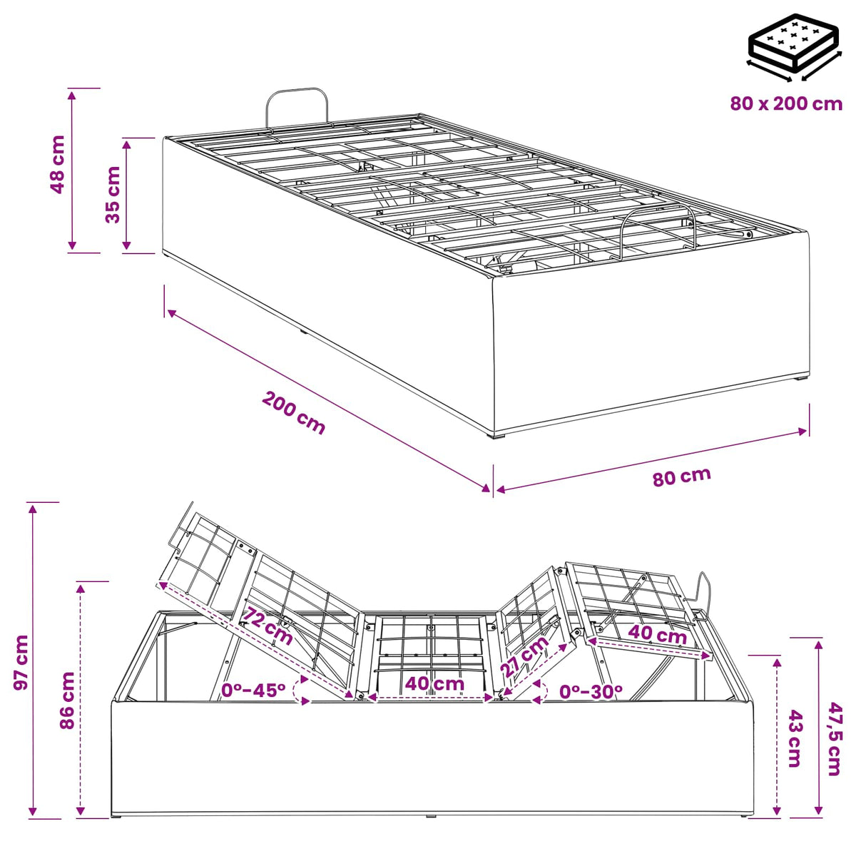 vidaXL Elektro Regulowany Stelaż Łóżka Czarny 200 x 80 x 33,5 cm Stal