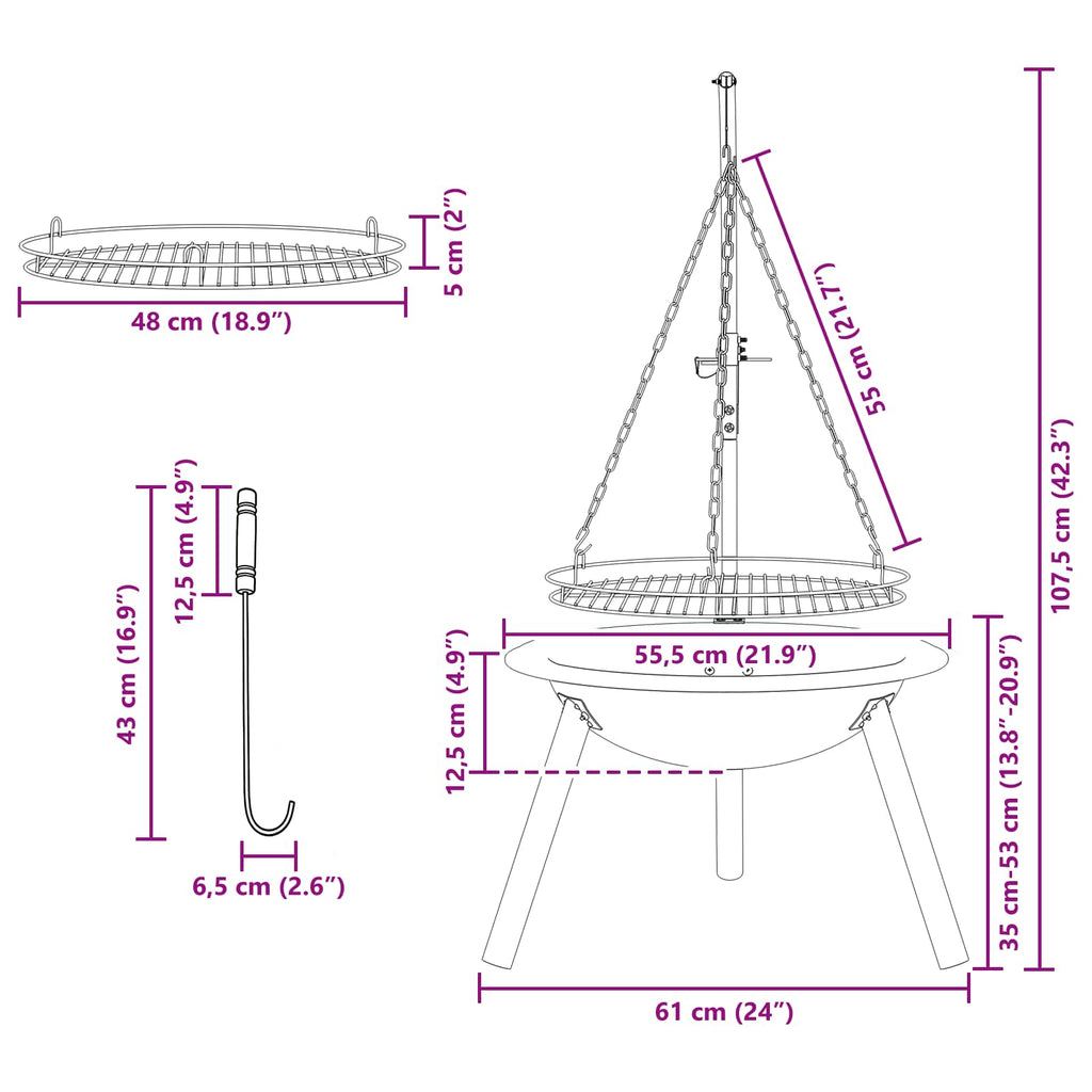 vidaXL Palenisko z regulowanym rusztem ⌀55,5 x 107,5 cm Stal Czarny