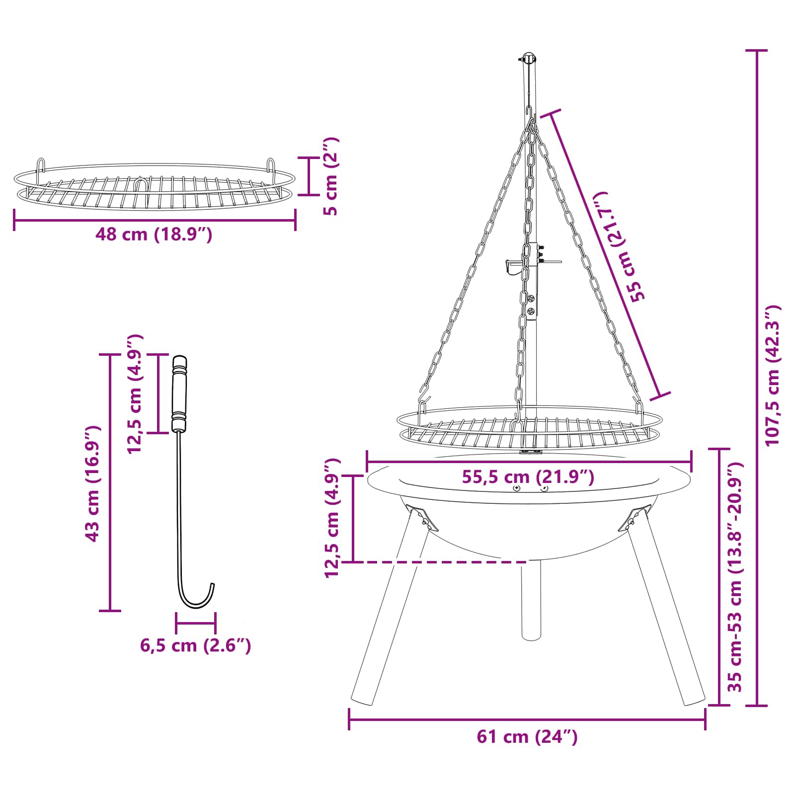 vidaXL Palenisko z regulowanym rusztem ⌀55,5 x 107,5 cm Stal Czarny