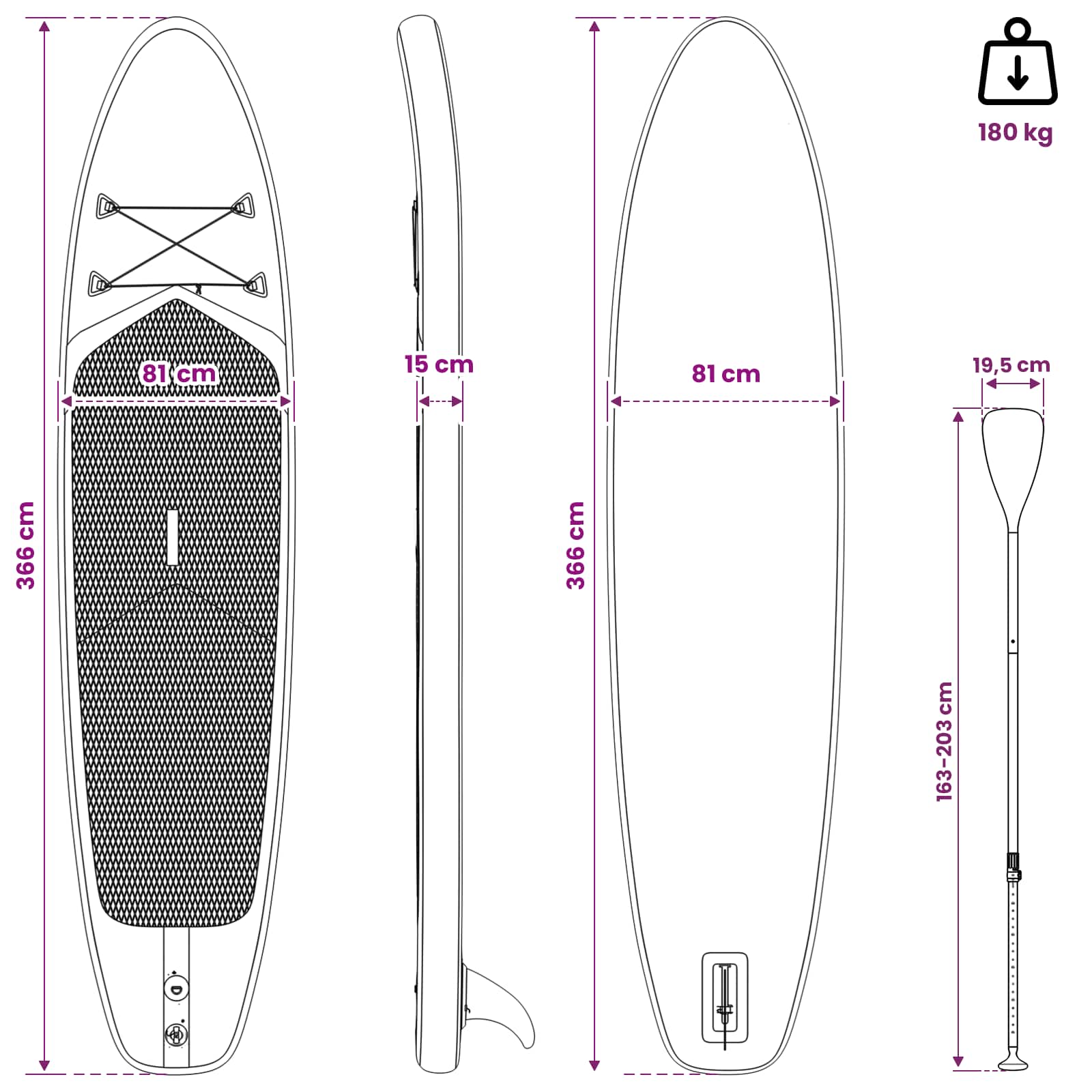 vidaXL Nadmuchiwany deska do paddleboardu APEX 366 x 81 x 15 cm dla