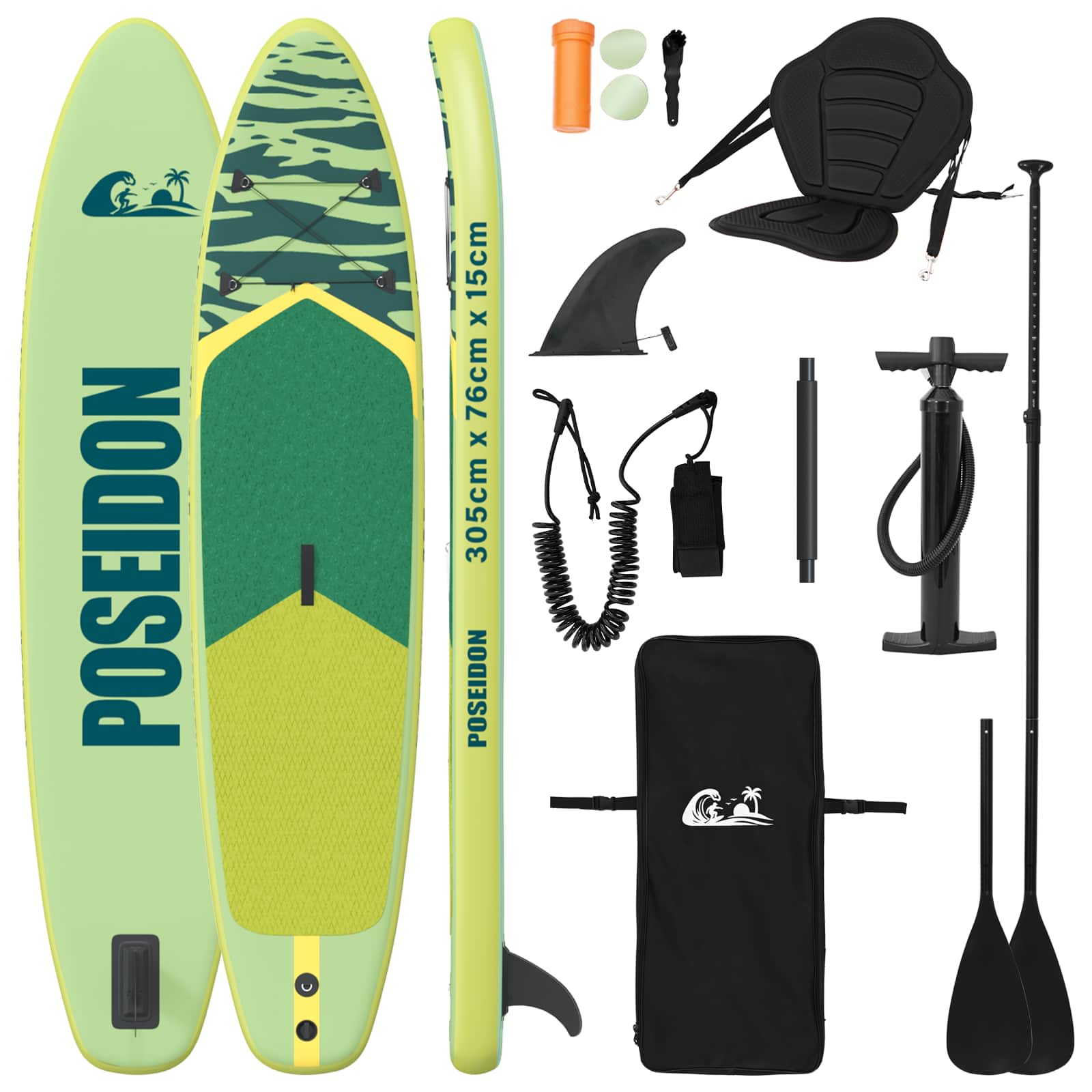 vidaXL Deska SUP z siedziskiem 2-w-1 POSEIDON 305 x 76 x 15 cm zielony
