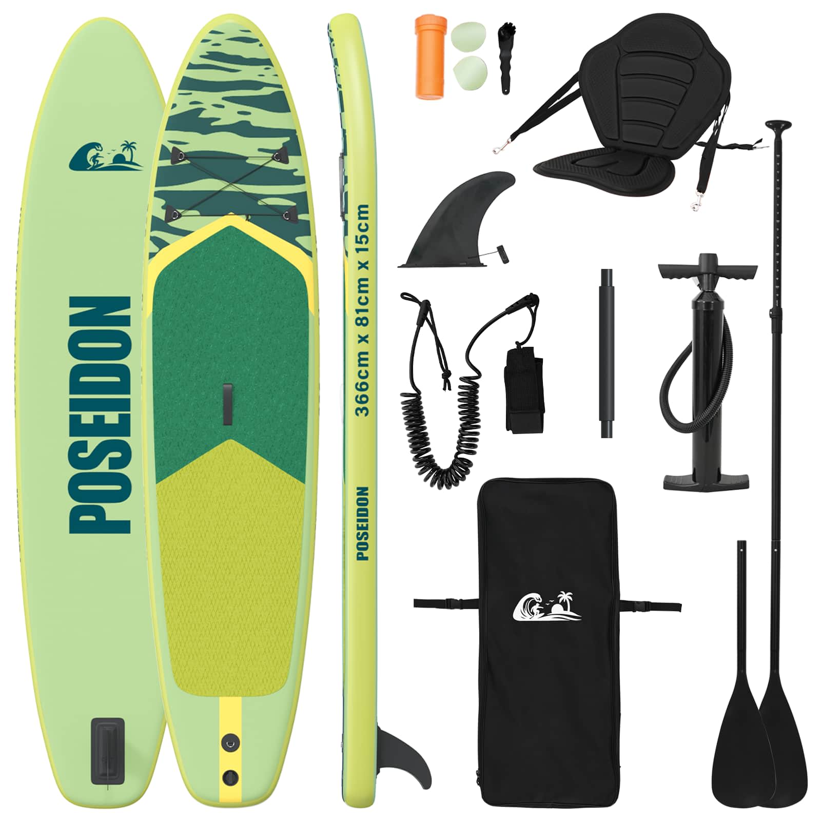vidaXL Deska SUP z siedziskiem 2-w-1 POSEIDON 366 x 81 x 15 cm zielony