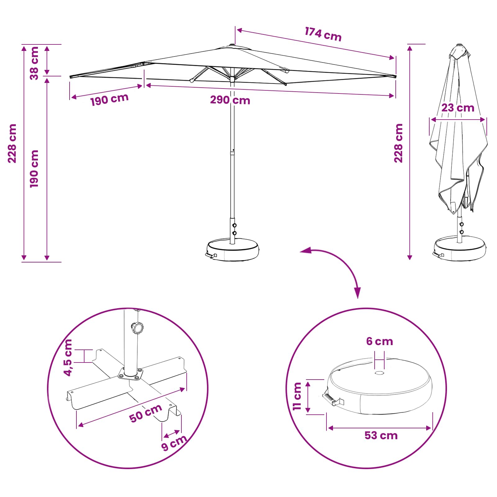 vidaXL Parasol ogrodowy z podstawą 200 x 300 cm Poliester Prostokątny