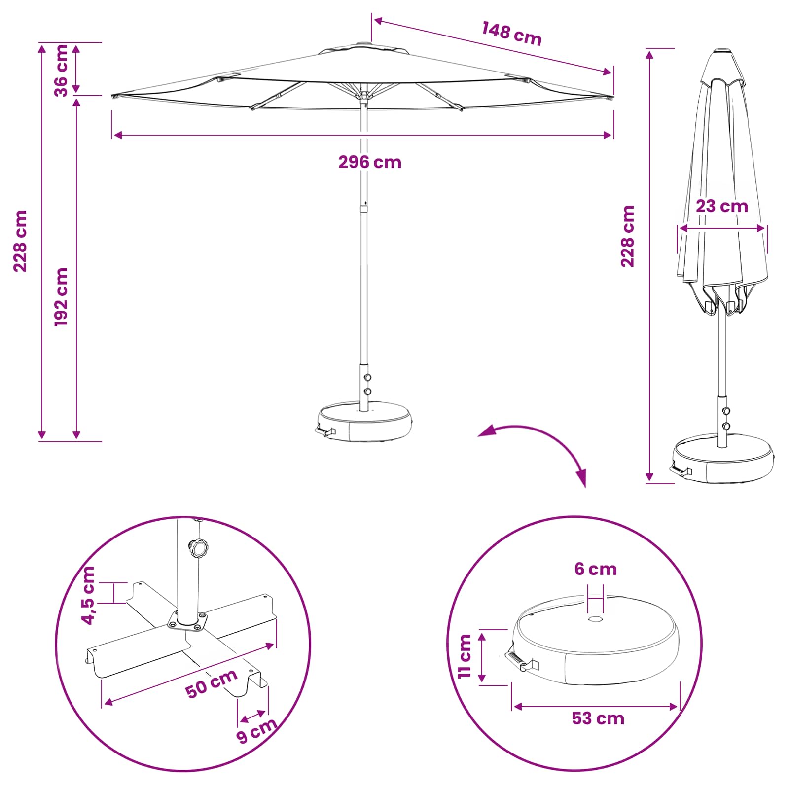 vidaXL Parasol ogrodowy z podstawą 300 x 300 cm Poliester Prostokątny