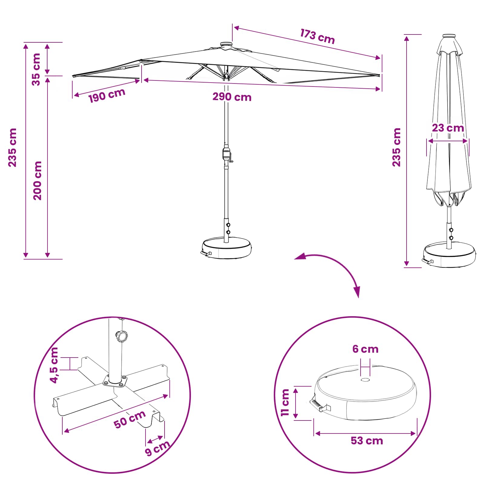 vidaXL Parasol ogrodowy z oświetleniem LED i podstawą 200 x 300 cm