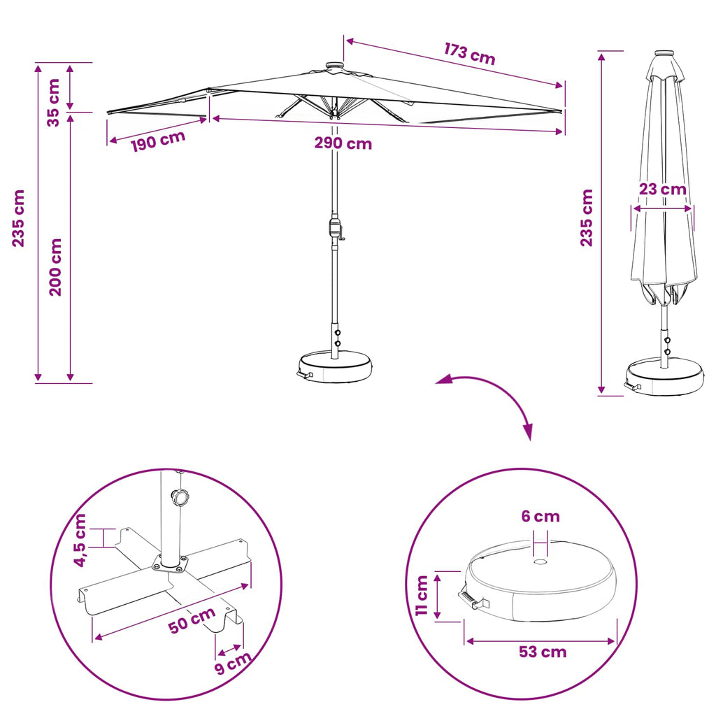 vidaXL Parasol ogrodowy z oświetleniem LED i podstawą 200 x 300 cm