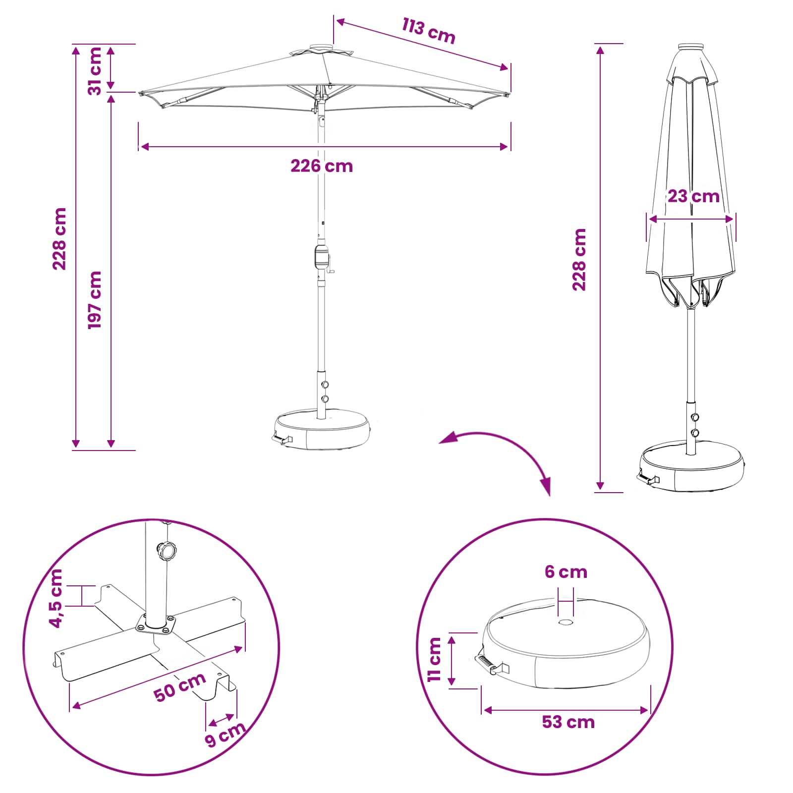 vidaXL Parasol ogrodowy z oświetleniem LED i podstawą 230 x 230 cm
