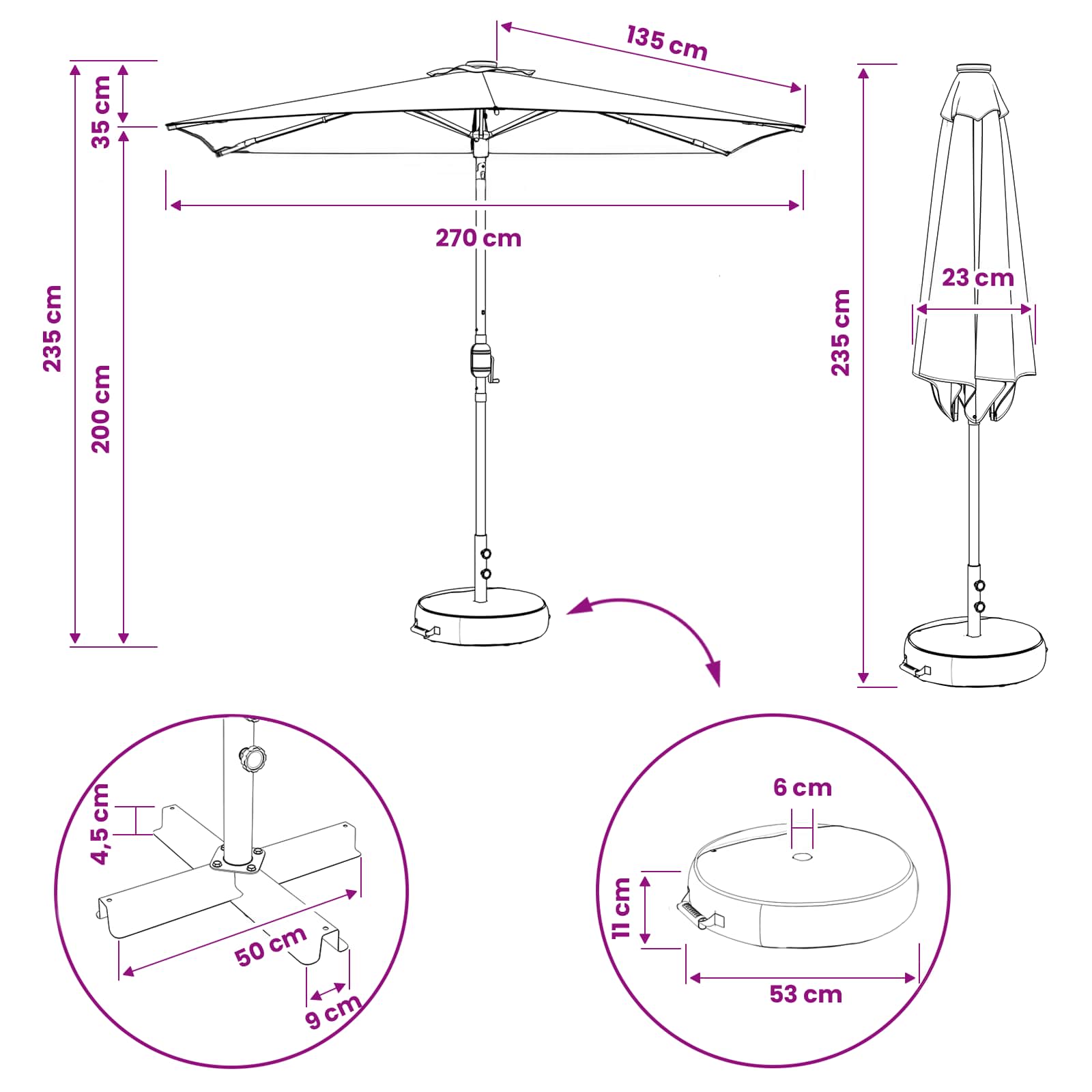 vidaXL Parasol ogrodowy z oświetleniem LED i podstawą 270 x 270 cm