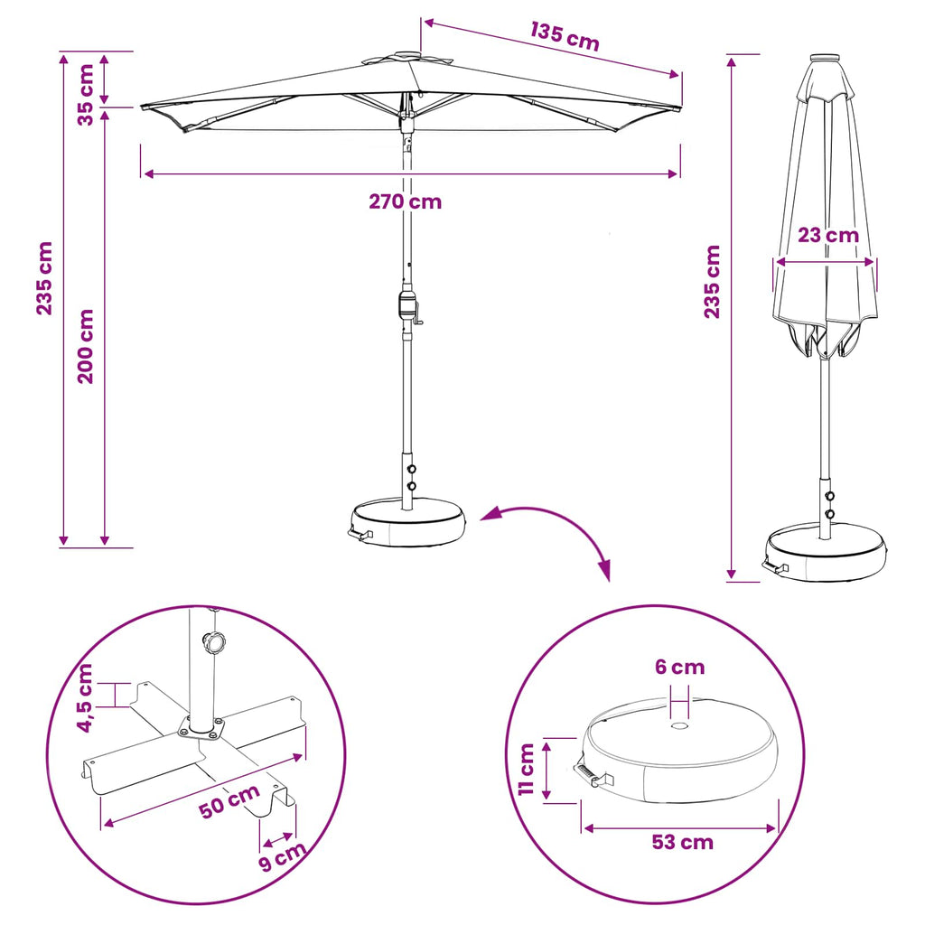vidaXL Parasol ogrodowy z oświetleniem LED i podstawą 270 x 270 cm