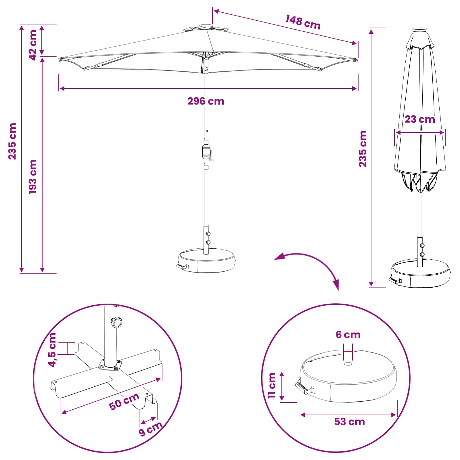 vidaXL Parasol ogrodowy z oświetleniem LED i podstawą 300 x 300 cm