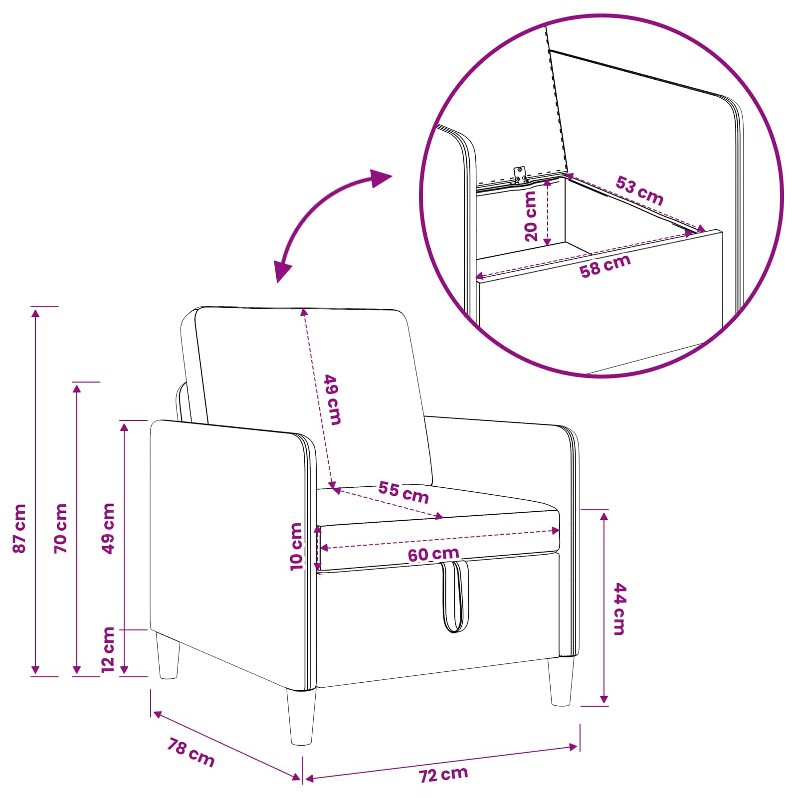 vidaXL Sofa z miejscem do przechowywania Czerwone wino 72 x 78 x 87 cm