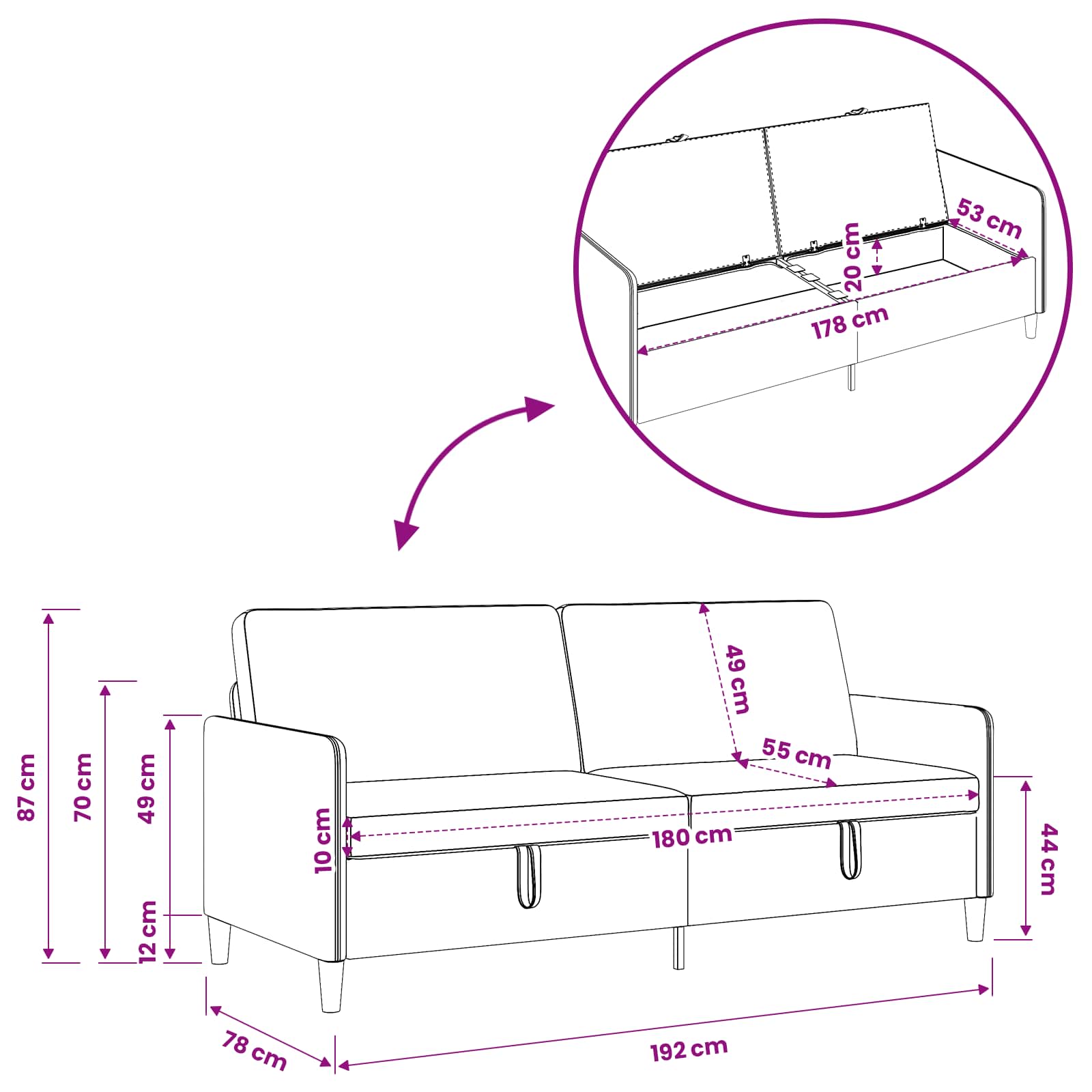 vidaXL Sofa z miejscem do przechowywania ciemnoszary 192 x 78 x 87 cm