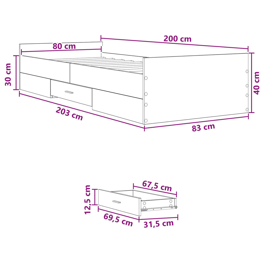 vidaXL Rama łóżka z przechowywaniem z szufladą Dąb wędzony 80 x 200 cm
