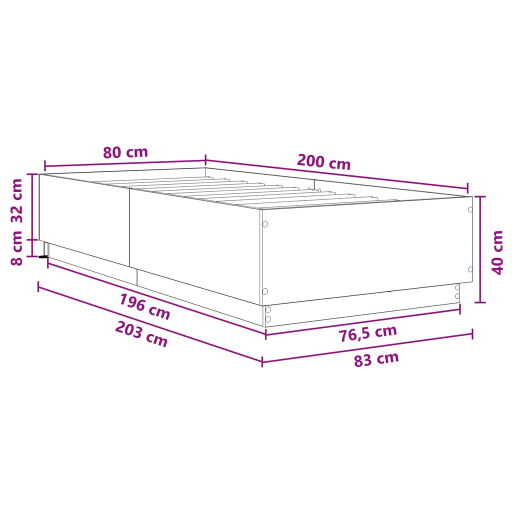 vidaXL Łóżko z ramą z LED Dąb wędzony 80 x 200 cm Drewno inżynieryjne