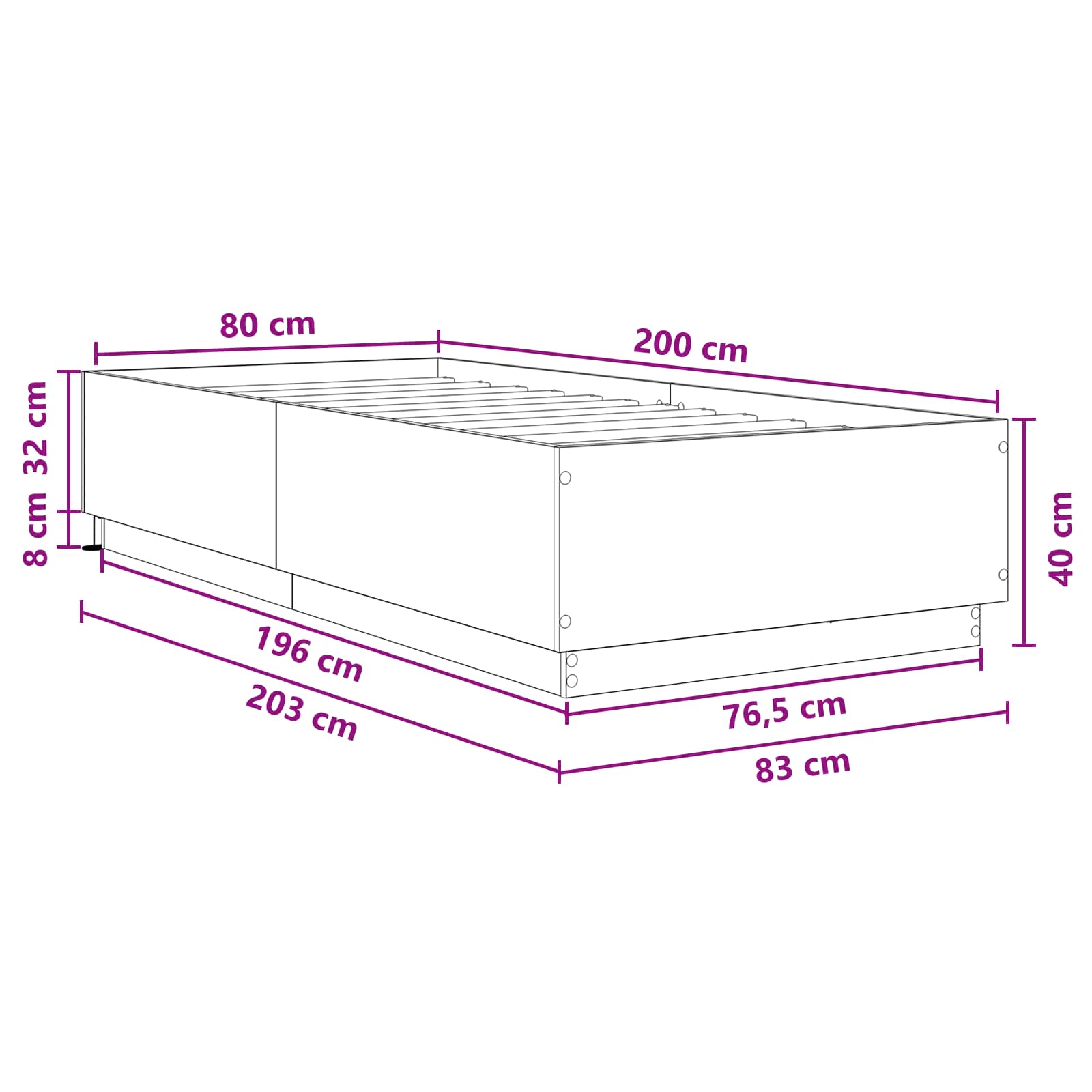 vidaXL Łóżko z ramą z LED Czarny dąb 80 x 200 cm Drewno inżynieryjne
