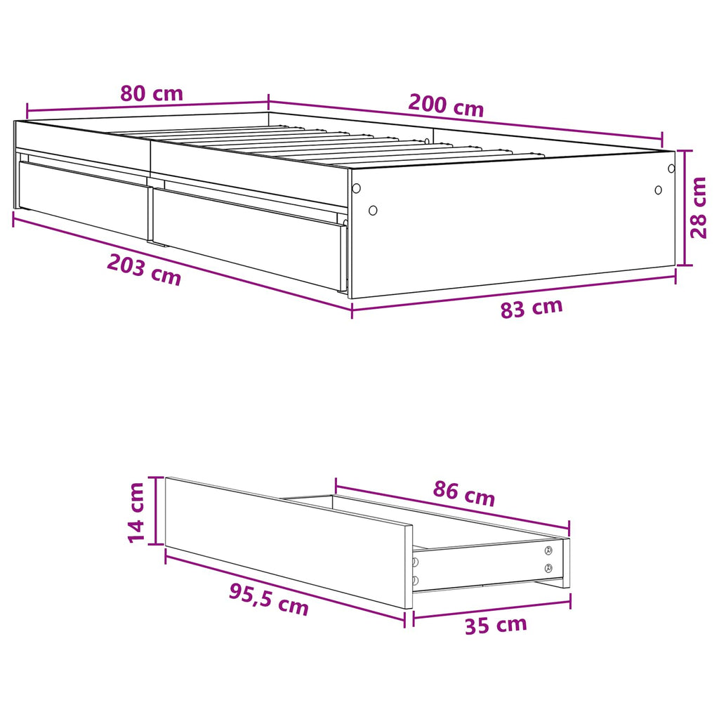 vidaXL Rama łóżka z przechowywaniem z szufladą dąb Sonoma 80 x 200 cm