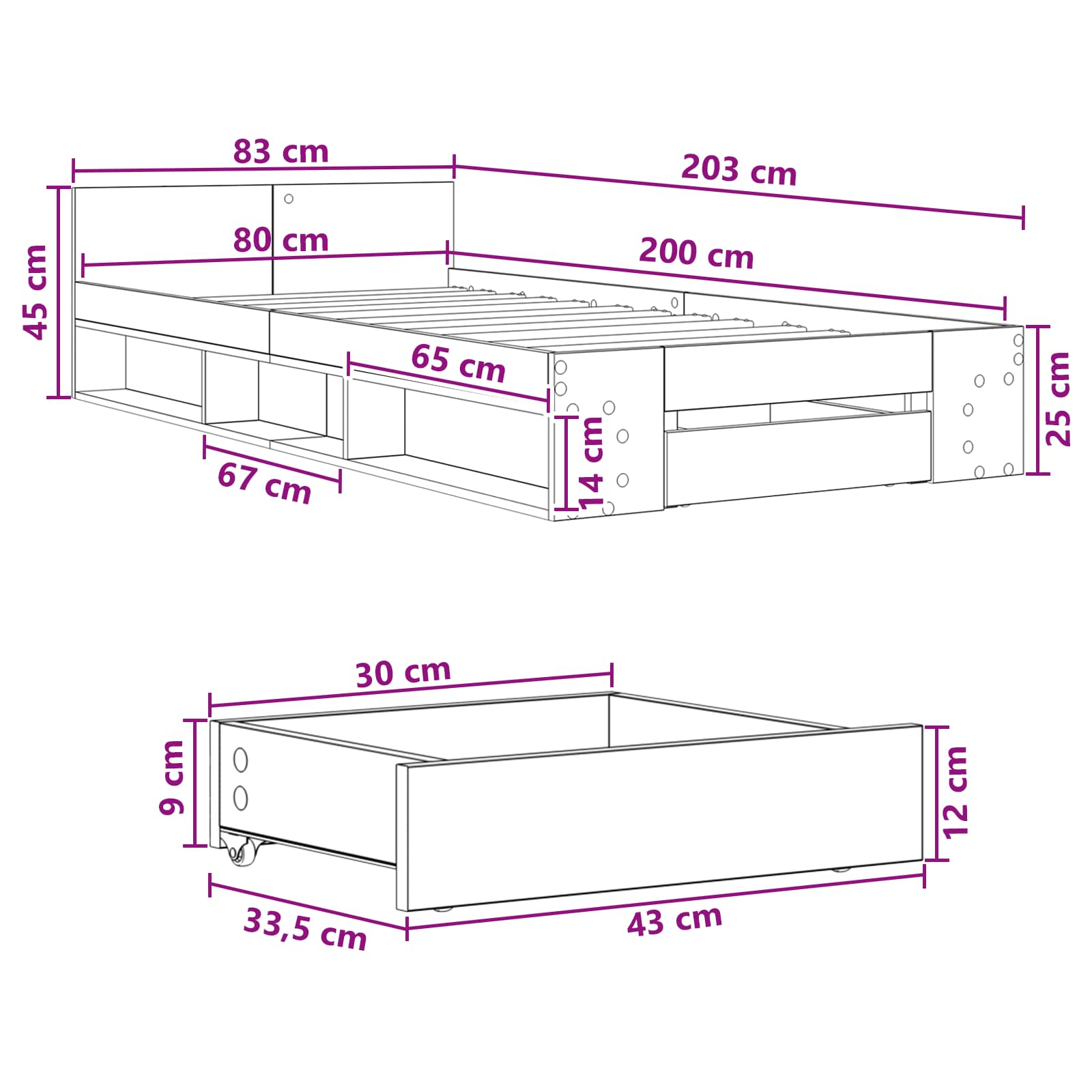 vidaXL Rama łóżka z przechowywaniem z szufladą dąb Sonoma 80 x 200 cm