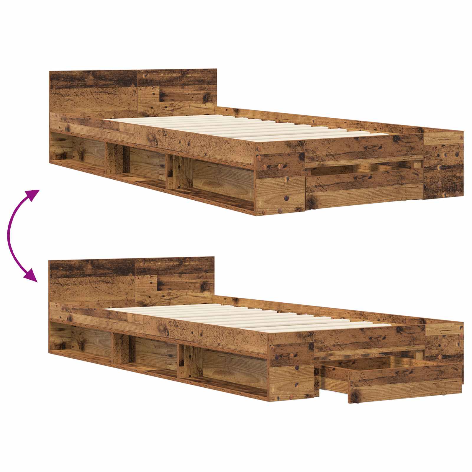vidaXL Rama łóżka z przechowywaniem z półką Stare drewno 80 x 200 cm