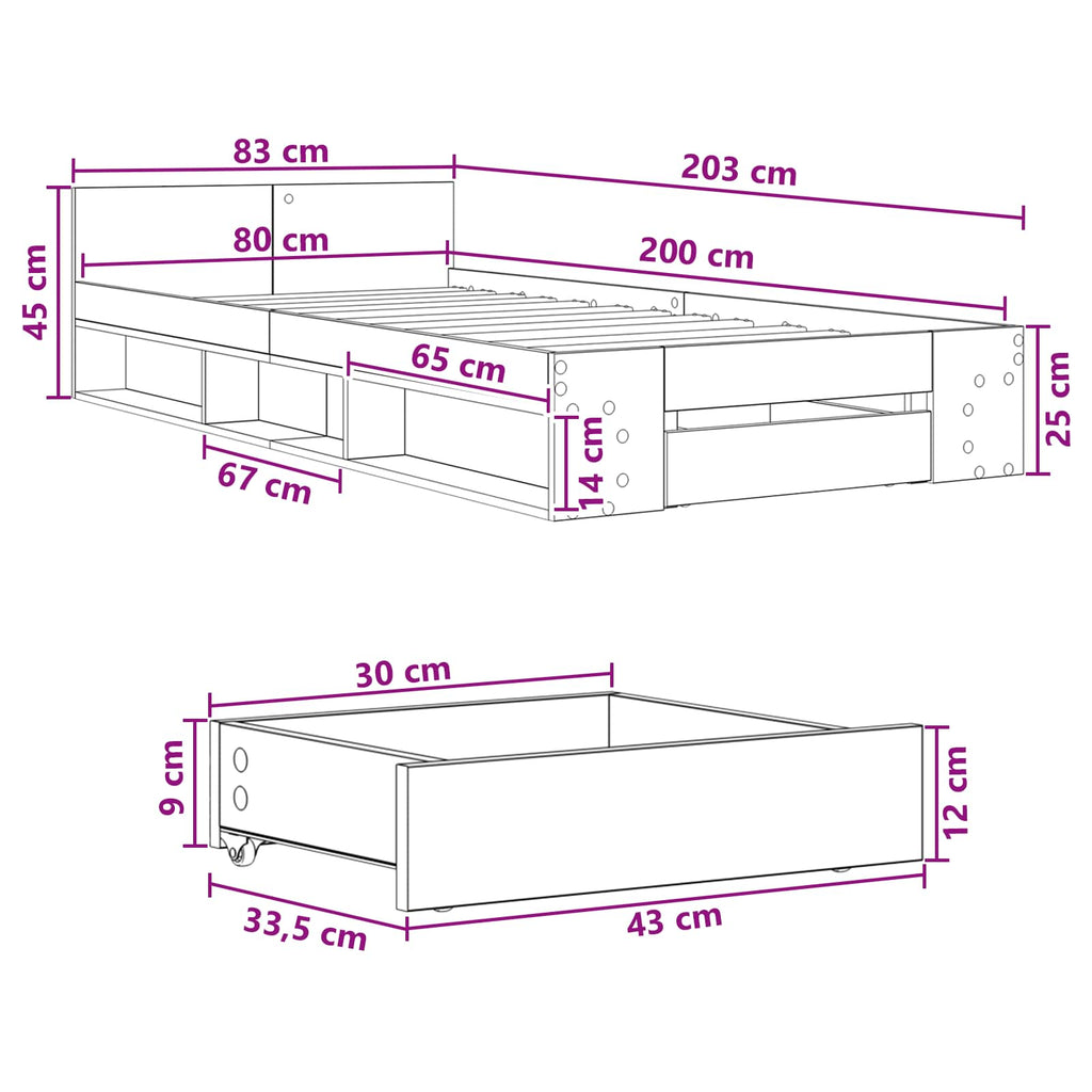 vidaXL Rama łóżka z przechowywaniem z szufladą Czarny dąb 80 x 200 cm