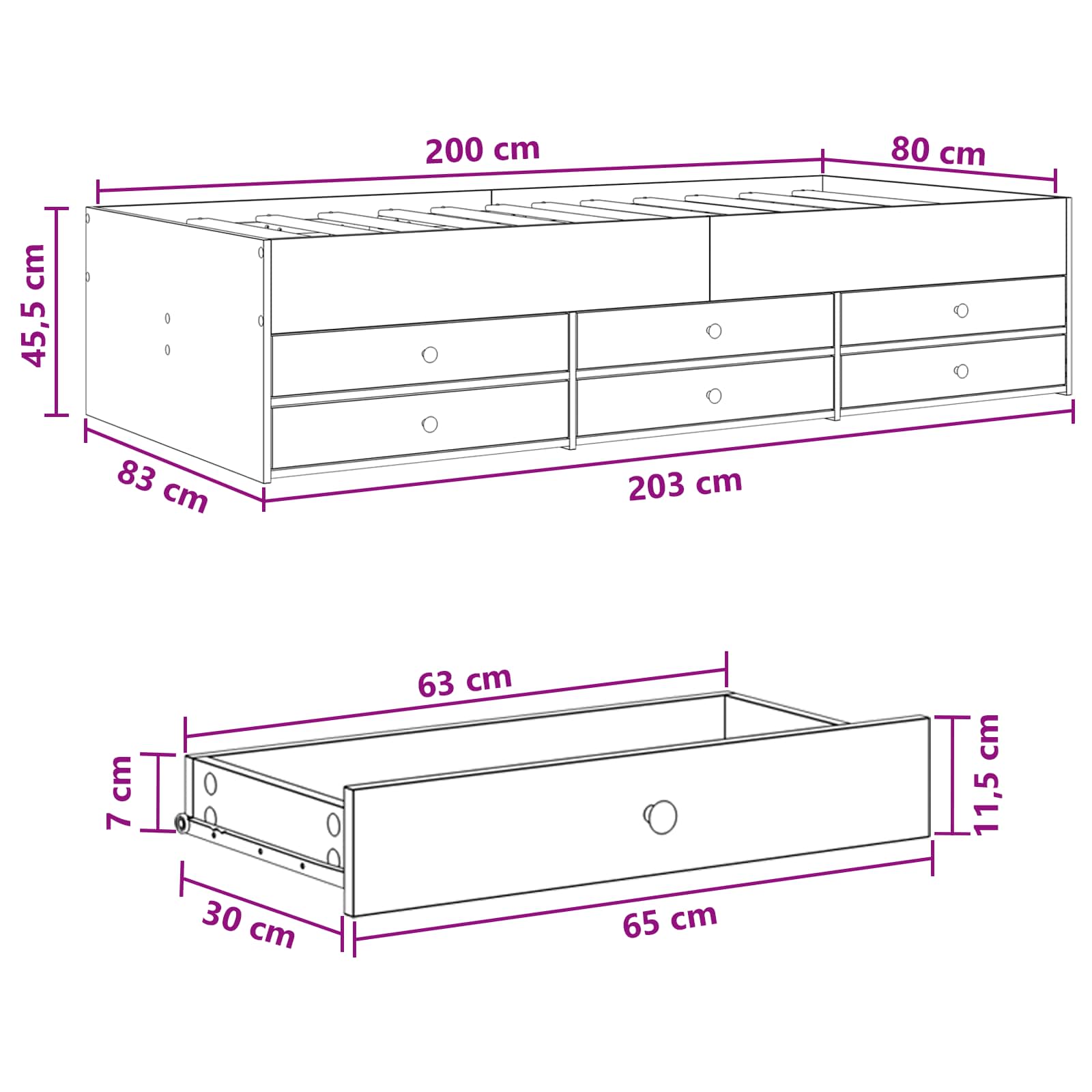 vidaXL Rama łóżka z przechowywaniem z szufladą Czarny dąb 80 x 200 cm