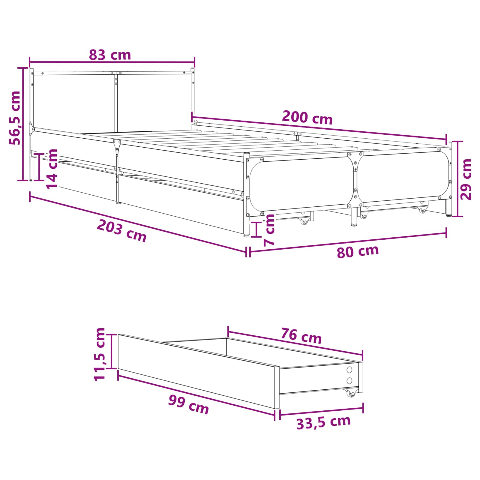 vidaXL Rama łóżka z wezgłowiem z szufladą dąb Sonoma 80 x 200 cm