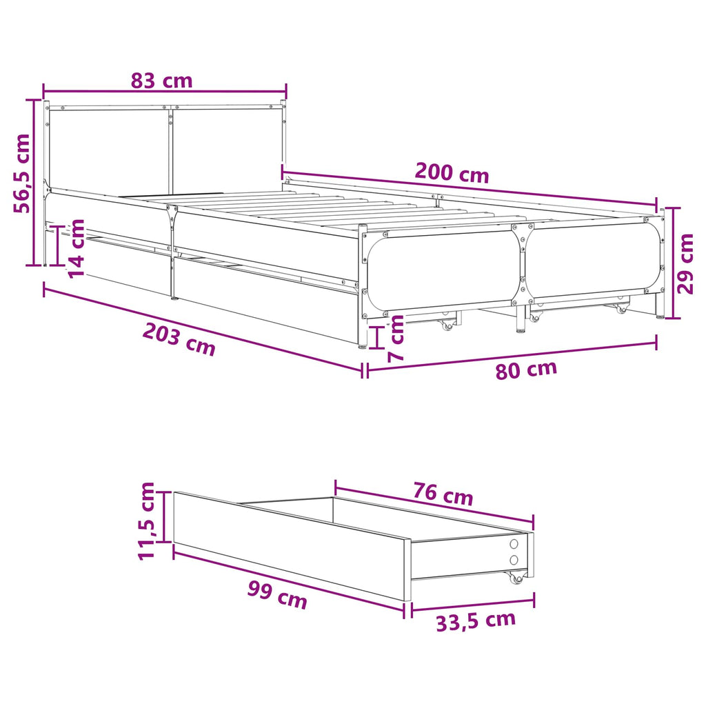 vidaXL Rama łóżka z wezgłowiem z szufladą Dąb artisian 80 x 200 cm