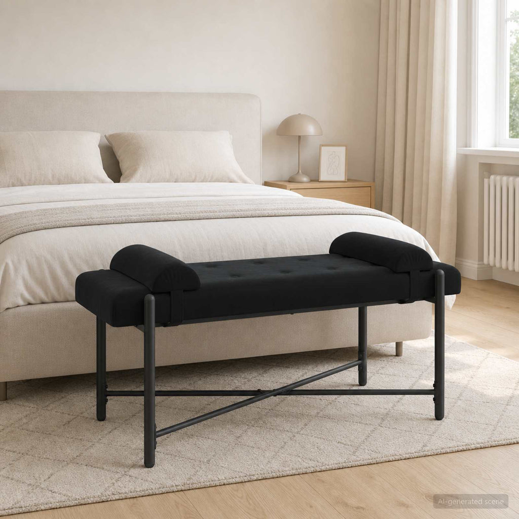 vidaXL Ławka z guzikami i poduszkami Czarny 110 x 40 x 46 cm Welur
