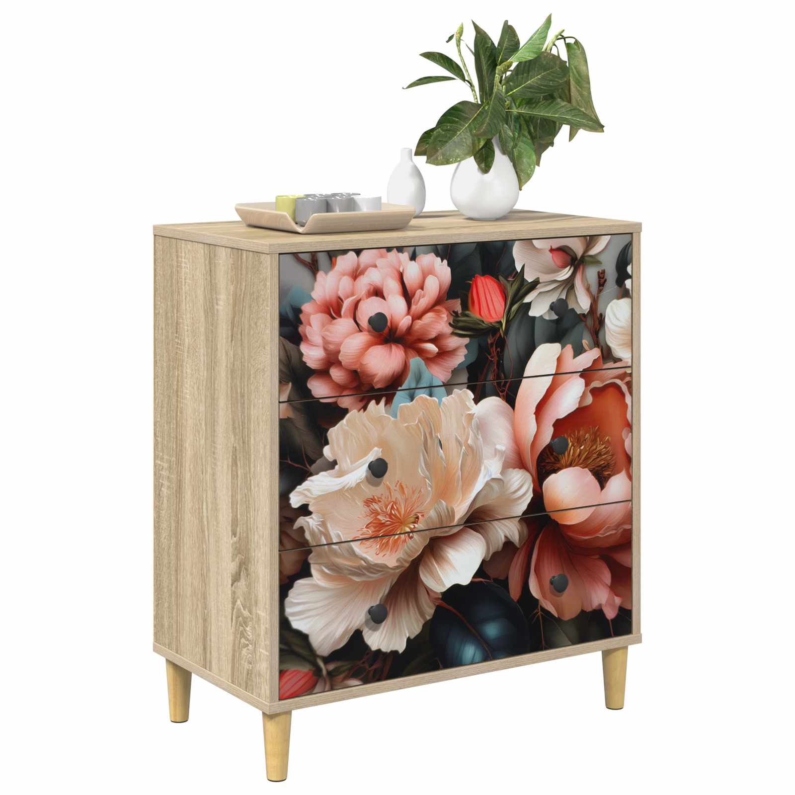 vidaXL Komoda z szufladami BORNE Jasny print peonii 66 x 36,5 x 75 cm
