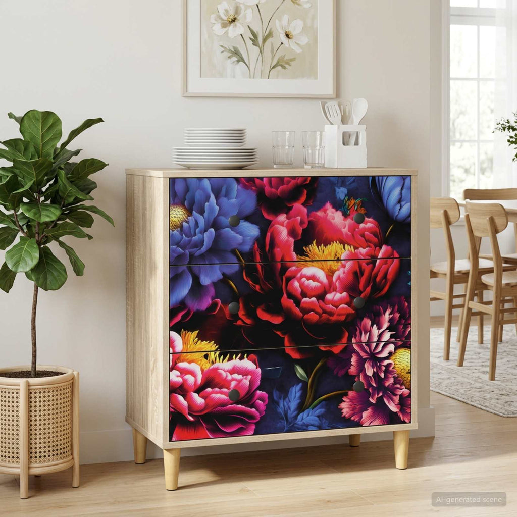 vidaXL Komoda z szufladami KIEL Ciemny nadruk peonii 66 x 36,5 x 75 cm