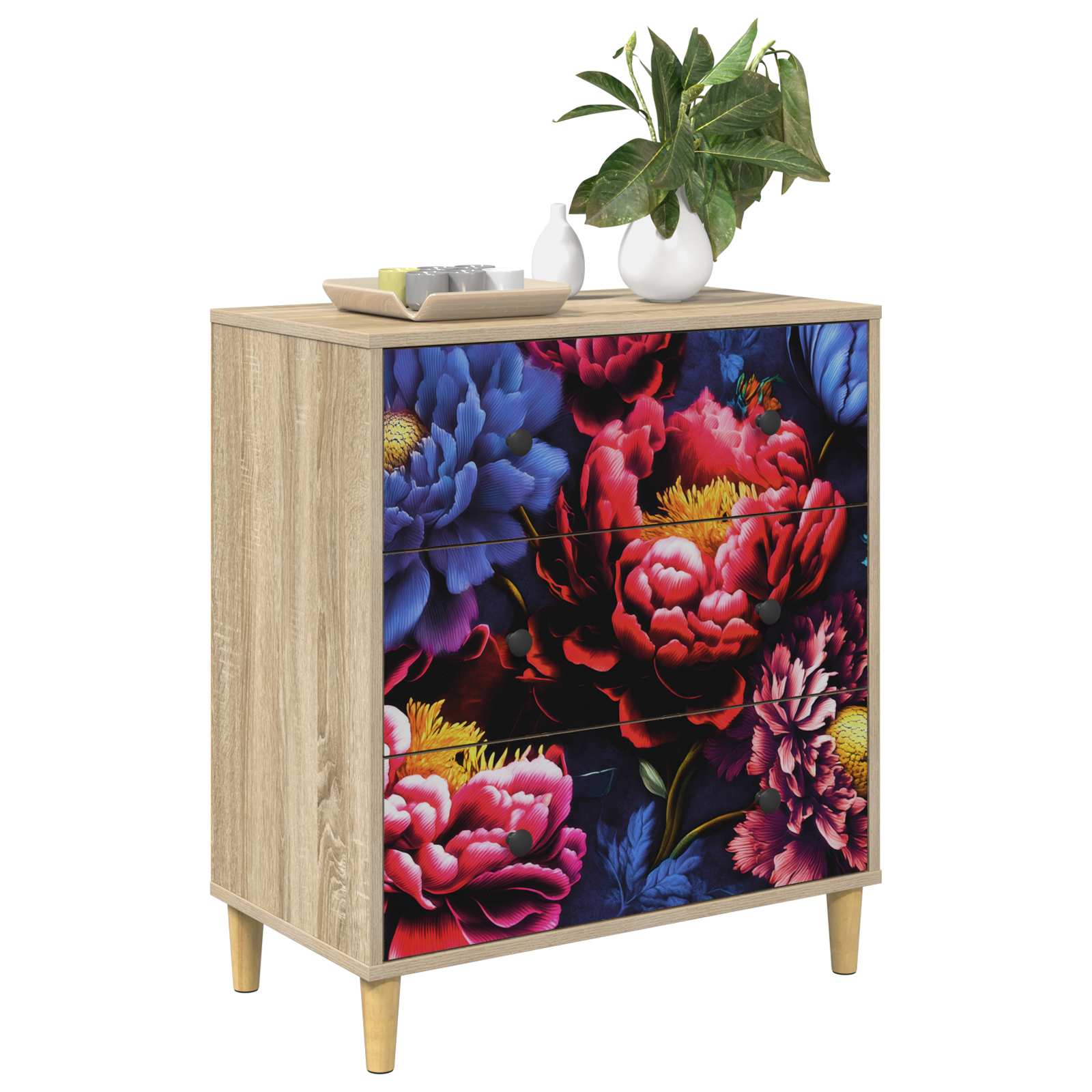 vidaXL Komoda z szufladami KIEL Ciemny nadruk peonii 66 x 36,5 x 75 cm