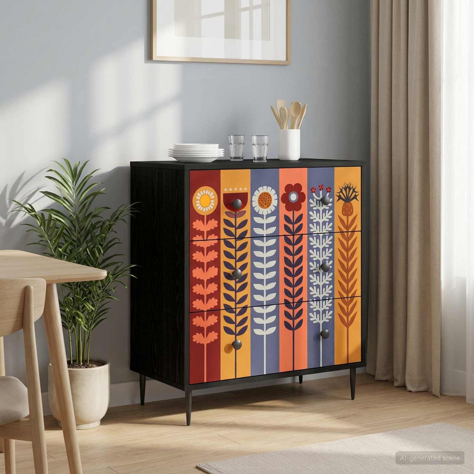 vidaXL Komoda z szufladami ESSEN Wzór słonecznika 66 x 36,5 x 76 cm