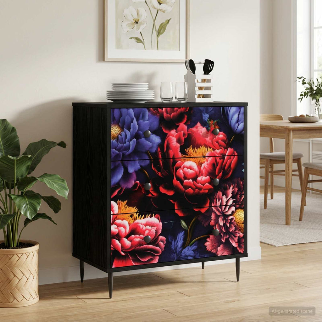vidaXL Komoda z szufladami KIEL Ciemny nadruk peonii 66 x 36,5 x 76 cm