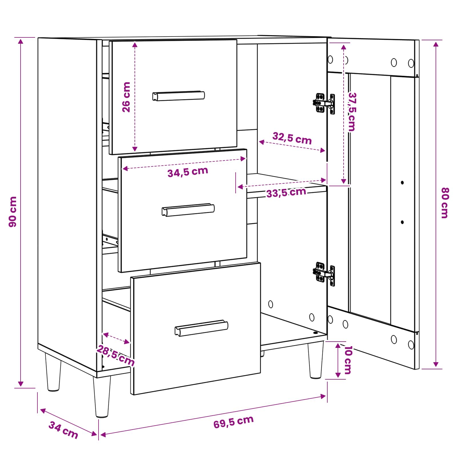 vidaXL Bufet Czarny dąb 69,5 x 34 x 90 cm Drewno inżynieryjne
