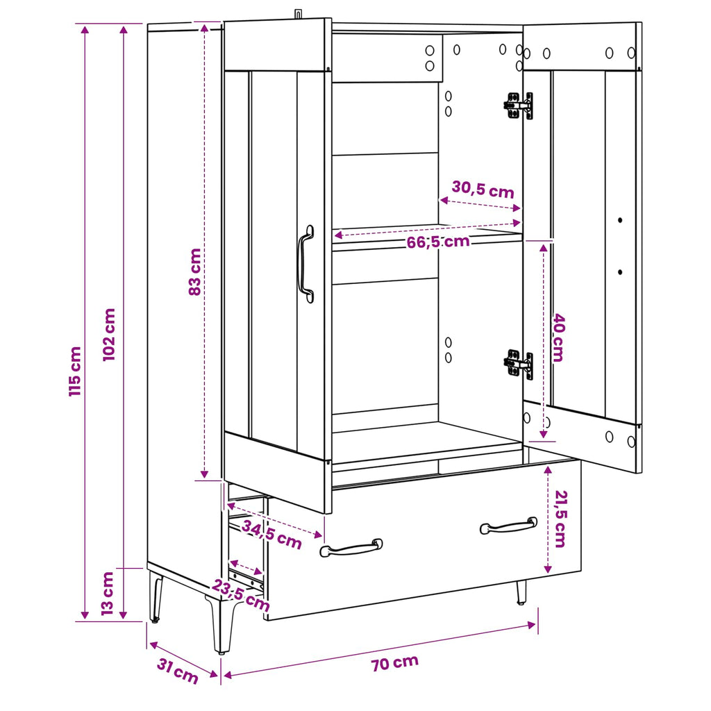 vidaXL Highboard Czarny dąb 70 x 31 x 115 cm Drewno inżynieryjne