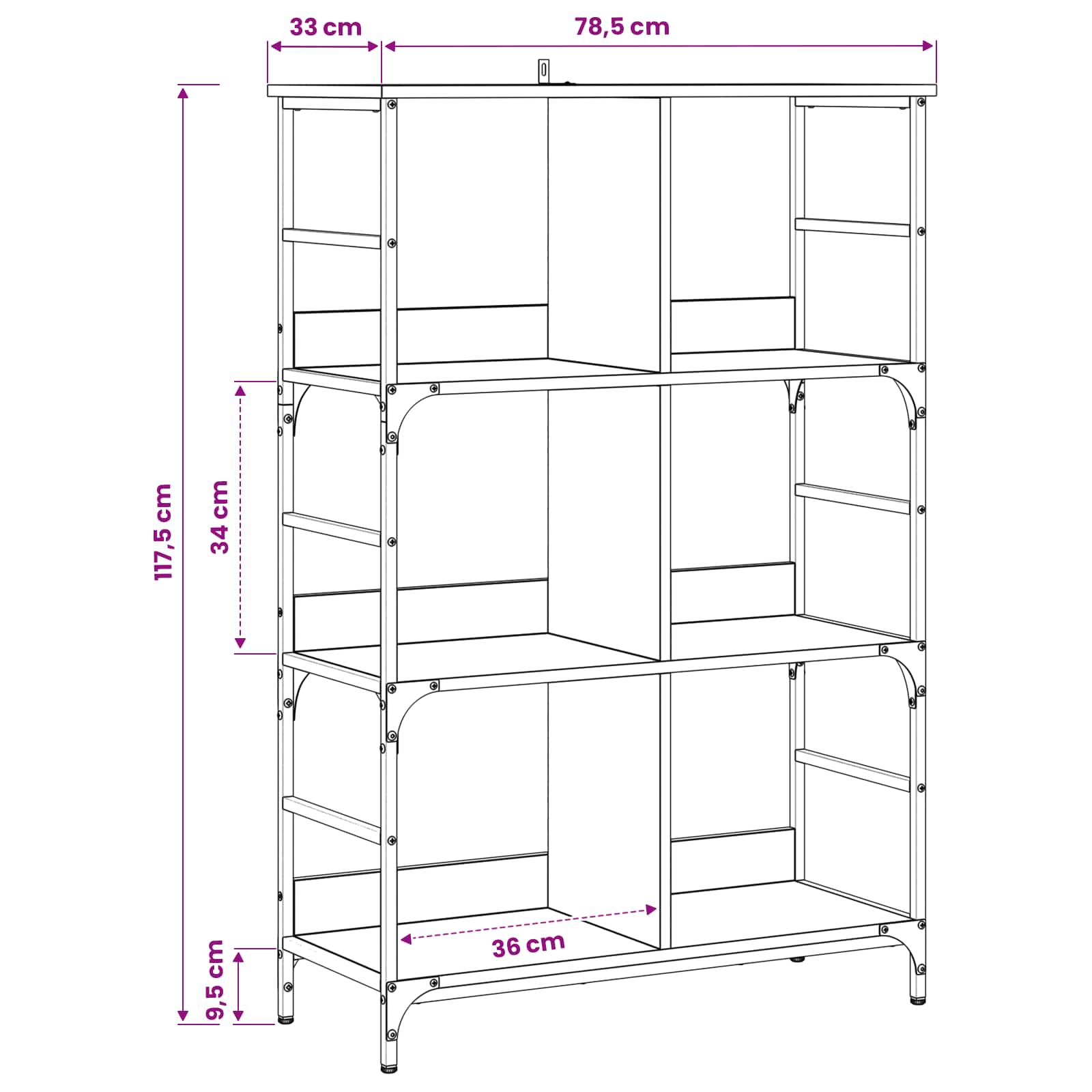 vidaXL Półka na książki 4 poziomy 78,5 x 33 x 117,5 cm metal PB
