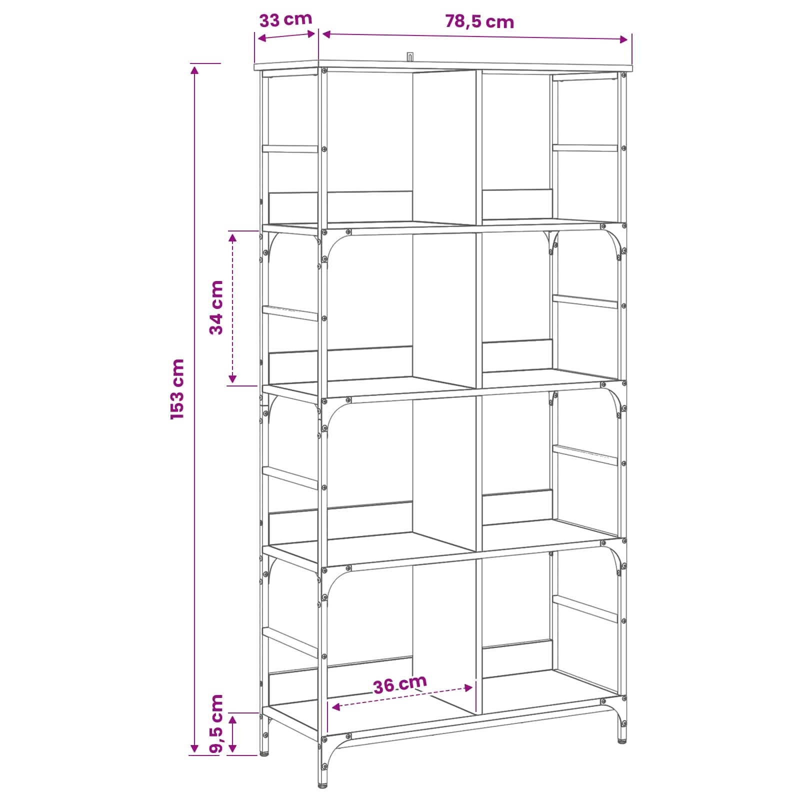 vidaXL Półka na książki Czarny dąb 78,5 x 33 x 153 cm metal PB