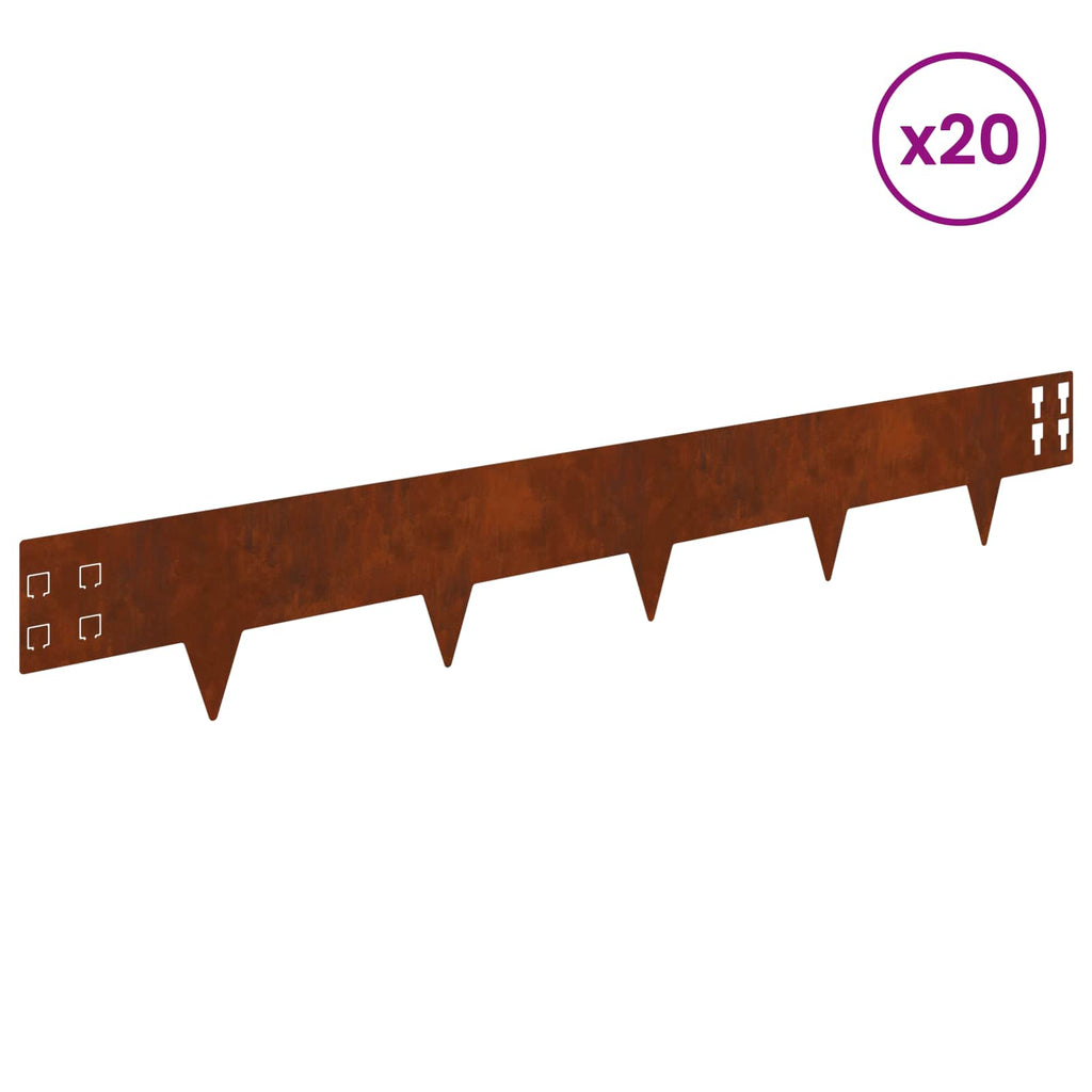 vidaXL Krawężnik do trawnika 20 pcs 100 x 15 cm Stal Rdzawy
