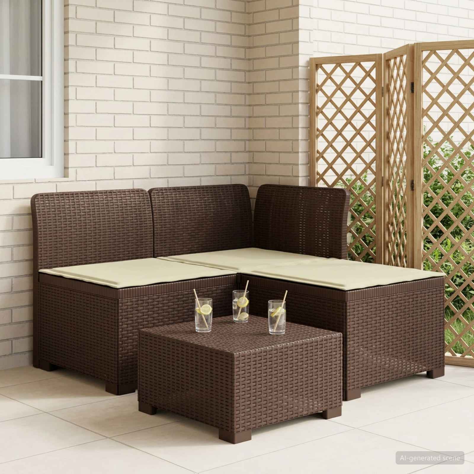 vidaXL Sofa ogrodowa 3-osobowa z poduszkami w rattanowym wyglądzie PP