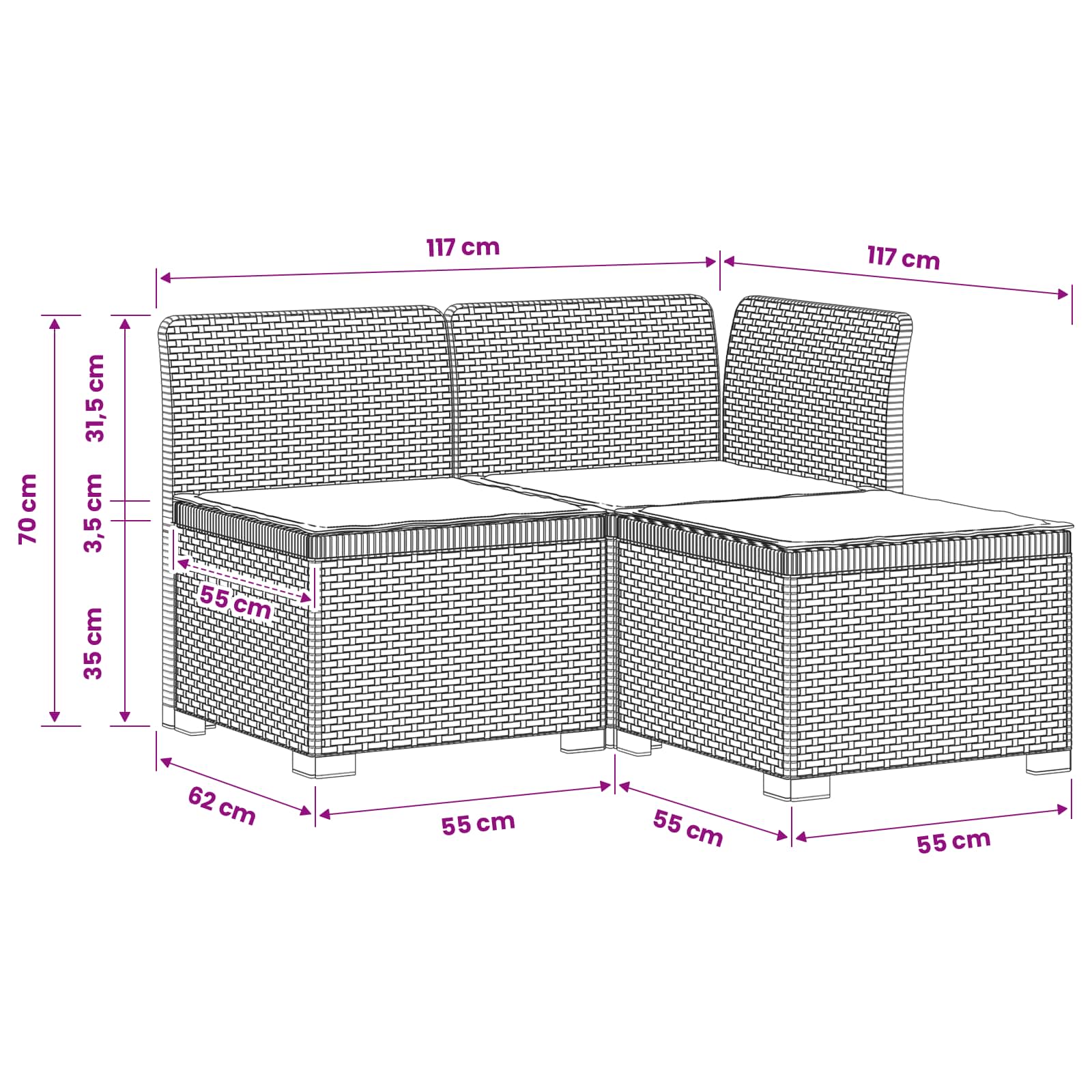 vidaXL Sofa ogrodowa 3-osobowa z poduszkami w rattanowym wyglądzie PP