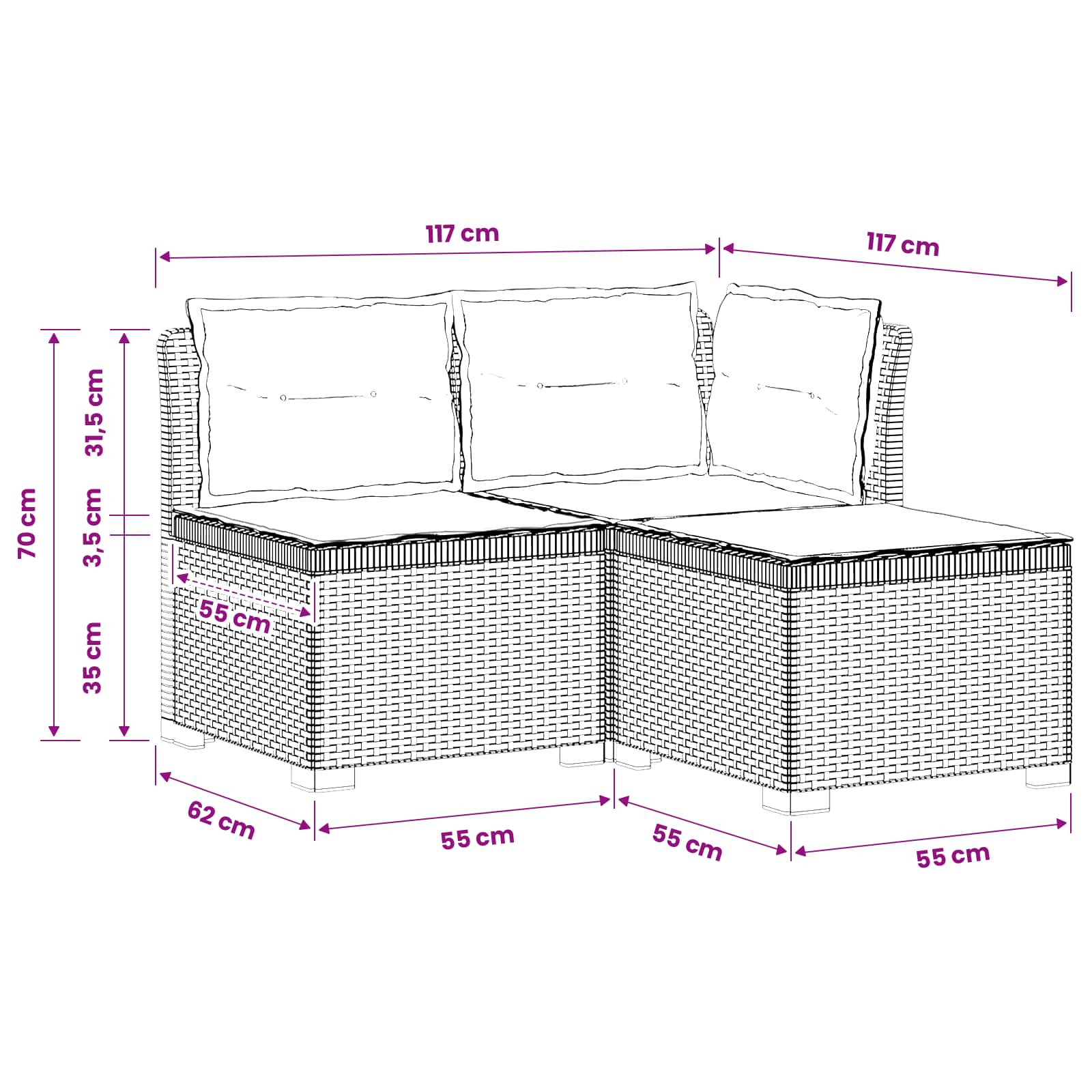 vidaXL Sofa ogrodowa 3-osobowa z poduszkami w rattanowym wyglądzie PP