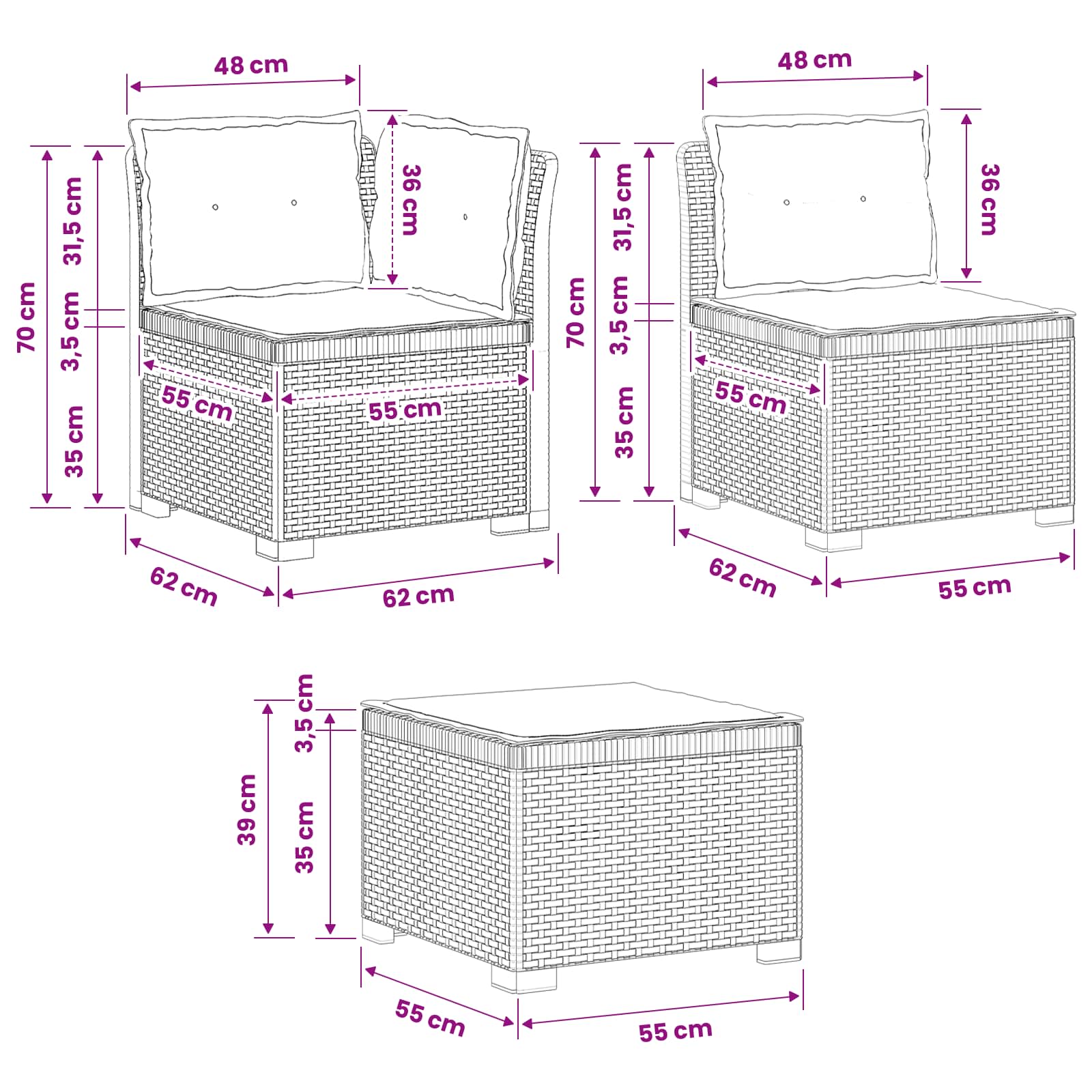 vidaXL Sofa ogrodowa 3-osobowa z poduszkami w rattanowym wyglądzie PP