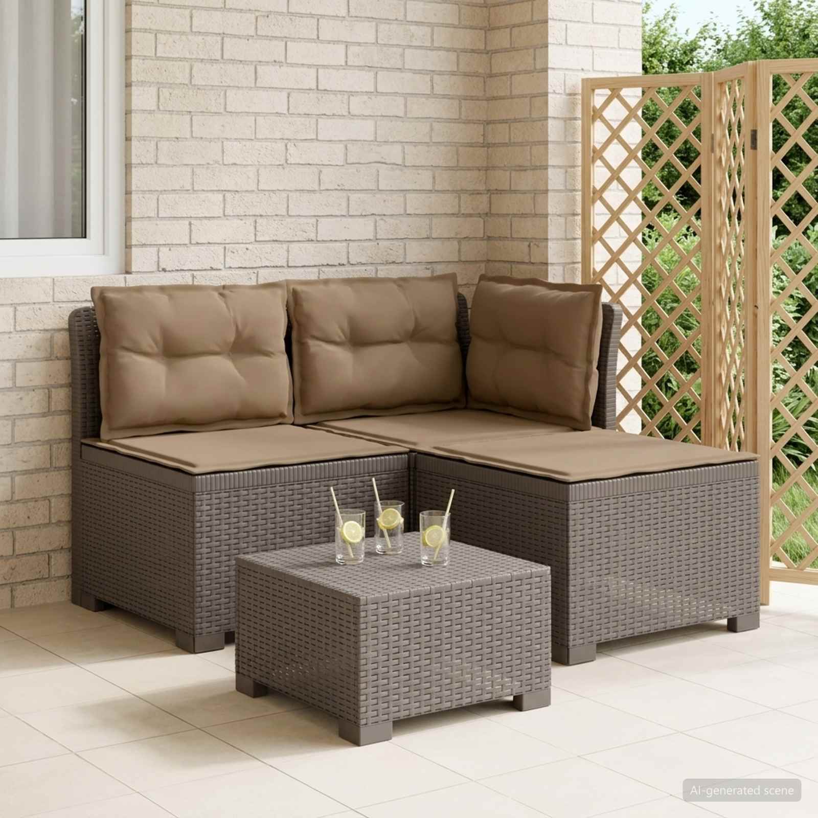 vidaXL Sofa ogrodowa 3-osobowa z poduszkami w rattanowym wyglądzie PP