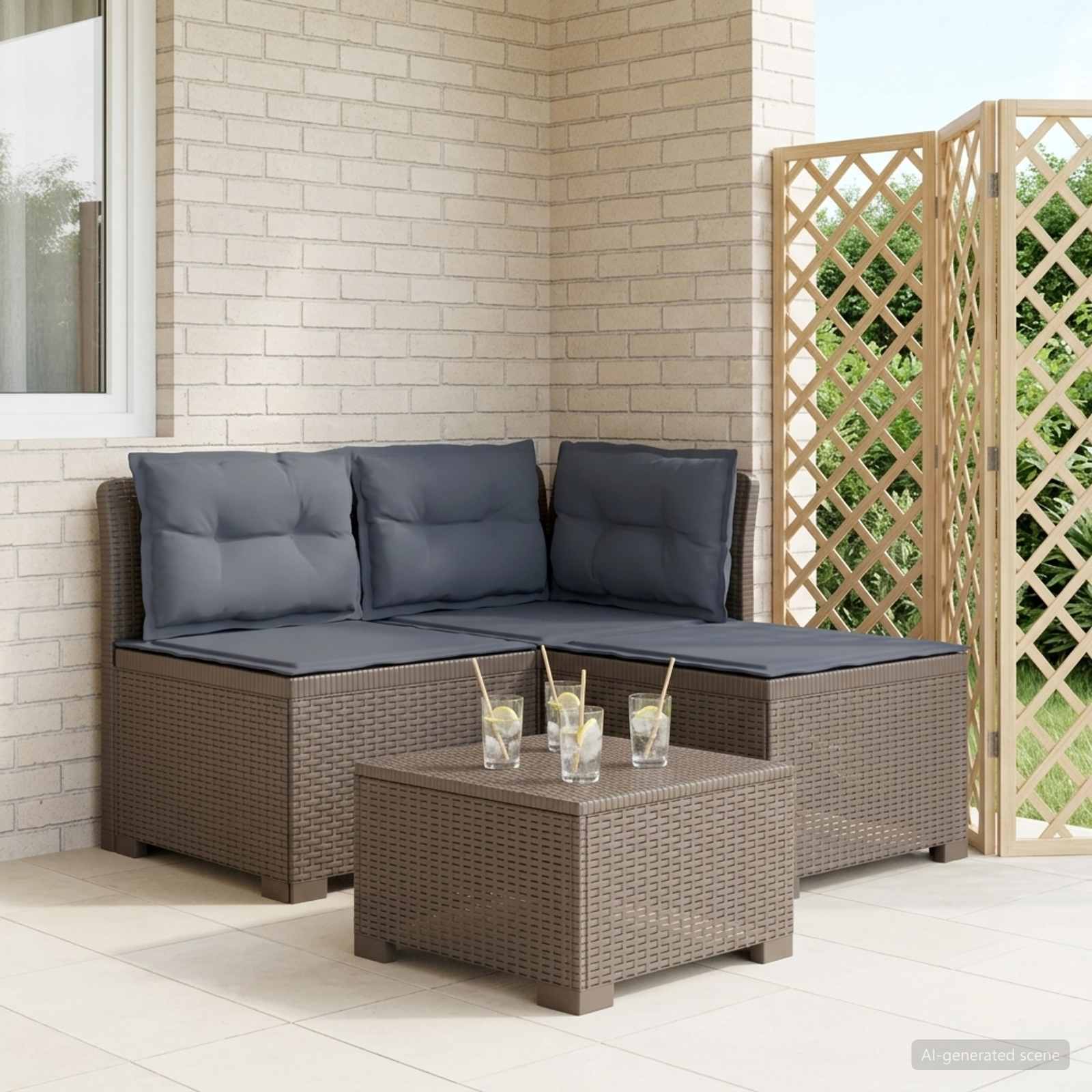 vidaXL Sofa ogrodowa 3-osobowa z poduszkami w rattanowym wyglądzie PP