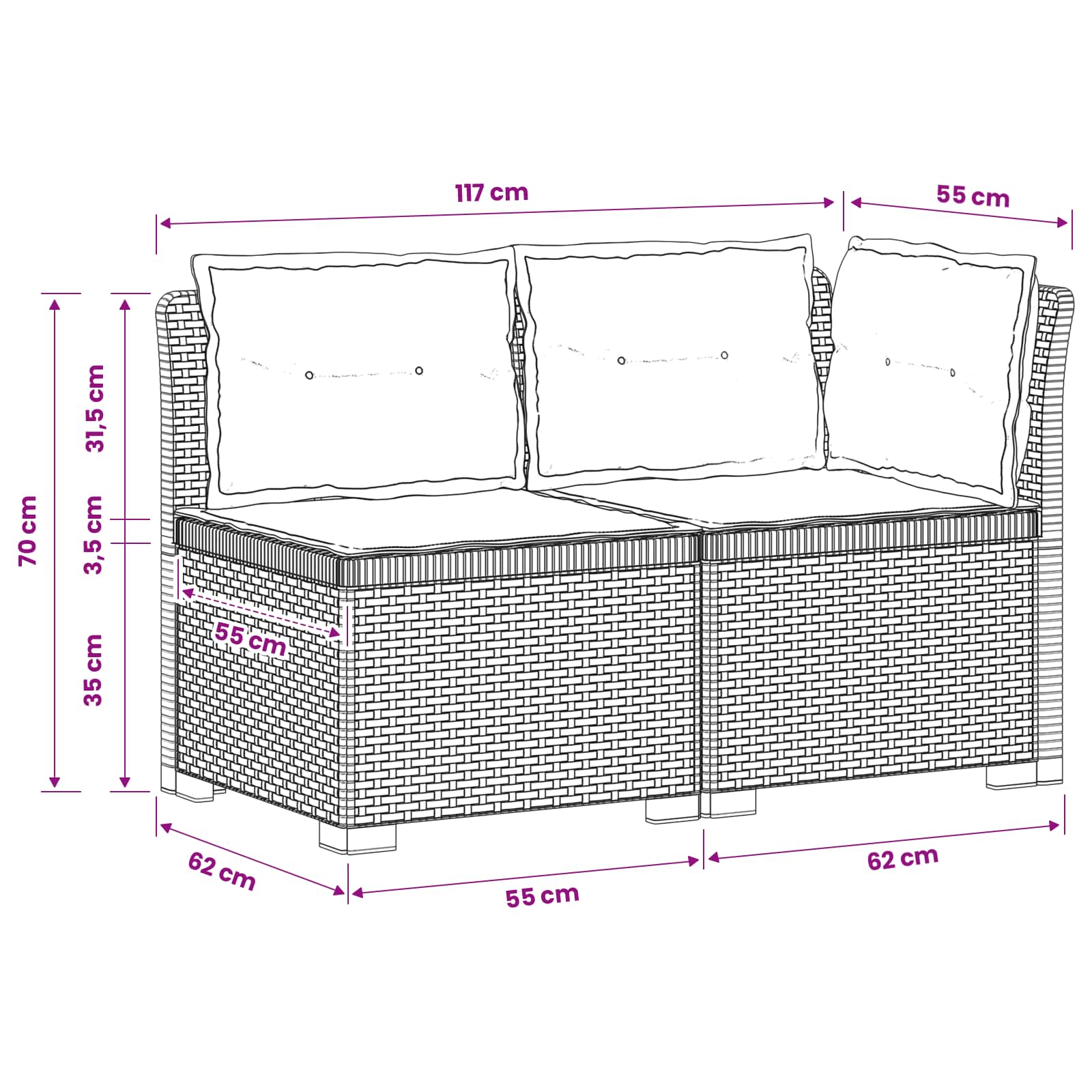 vidaXL Sofa Ogrodowa 2-osobowa z Poduszkami w Wyglądzie Rattanowym PP