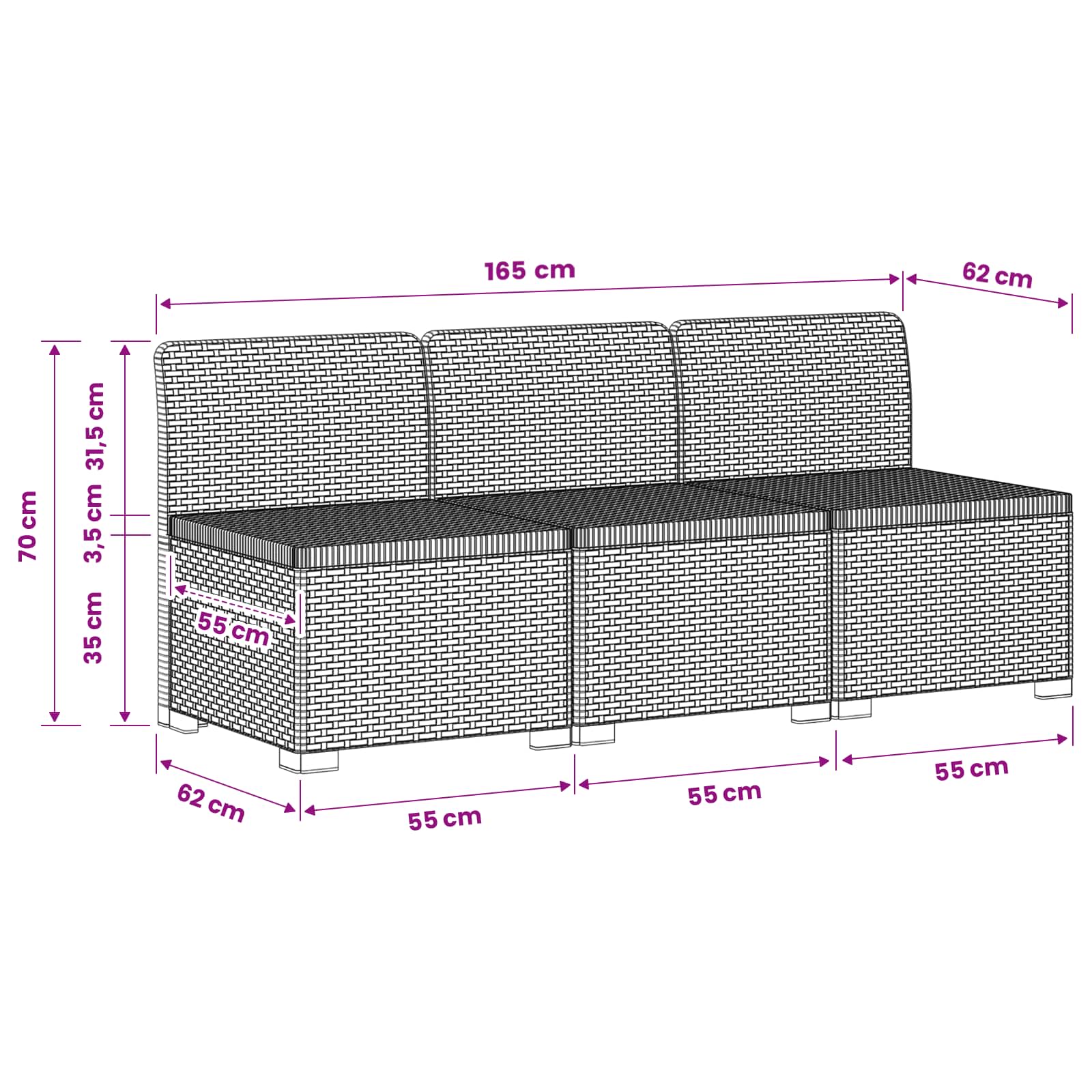 vidaXL Sofa Ogrodowa 3-osobowa Rattanowa PP antracytowy