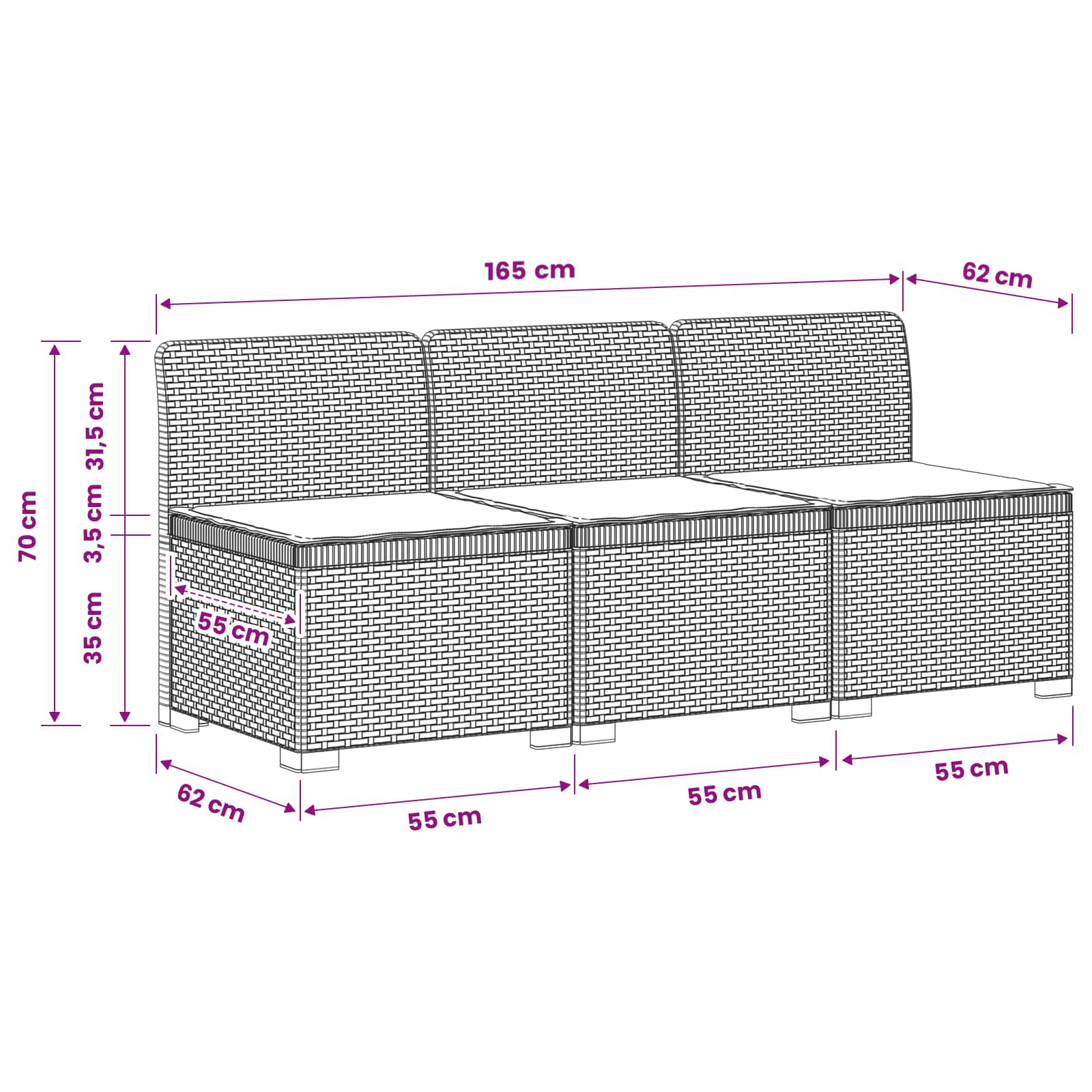vidaXL Sofa ogrodowa 3-osobowa z poduszkami w rattanowym wyglądzie PP