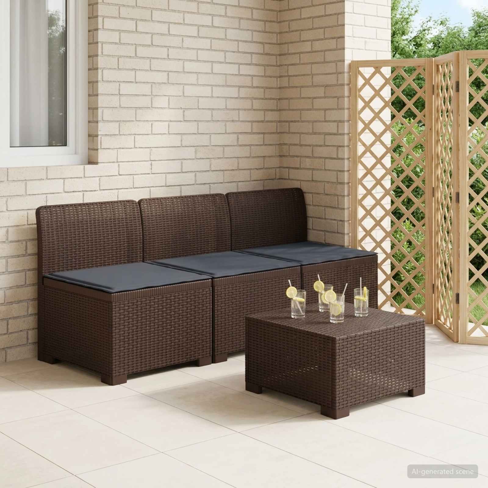 vidaXL Sofa ogrodowa 3-osobowa z poduszkami w rattanowym wyglądzie PP