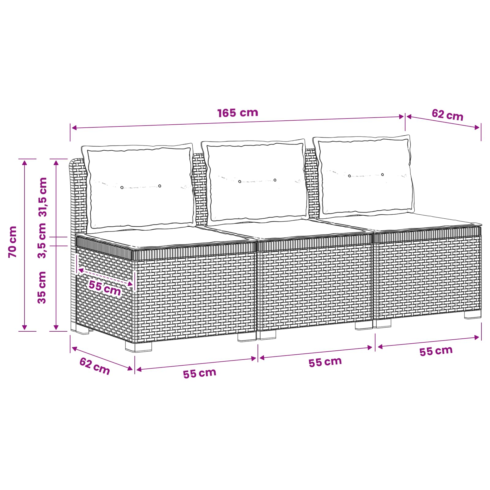 vidaXL Sofa ogrodowa 3-osobowa z poduszkami w rattanowym wyglądzie PP